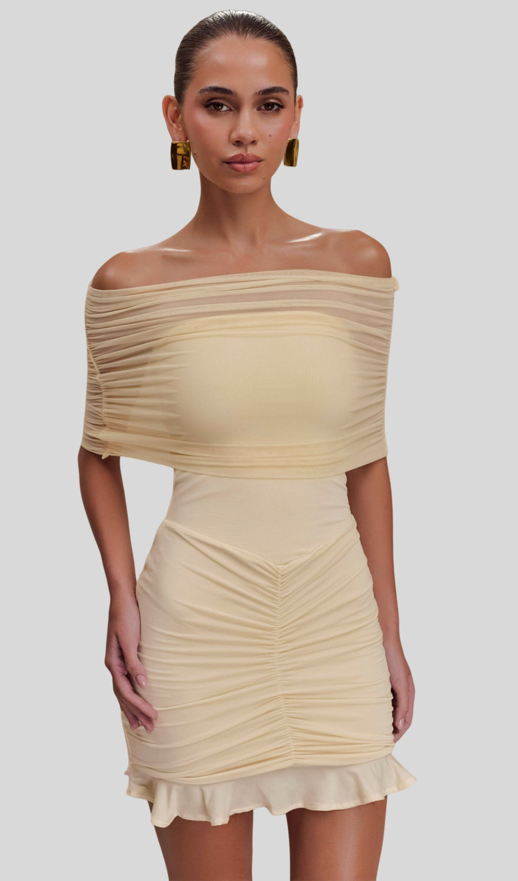 Fildişi Rengi Slinky Ve Fileli Omuz Açık Mini Elbise