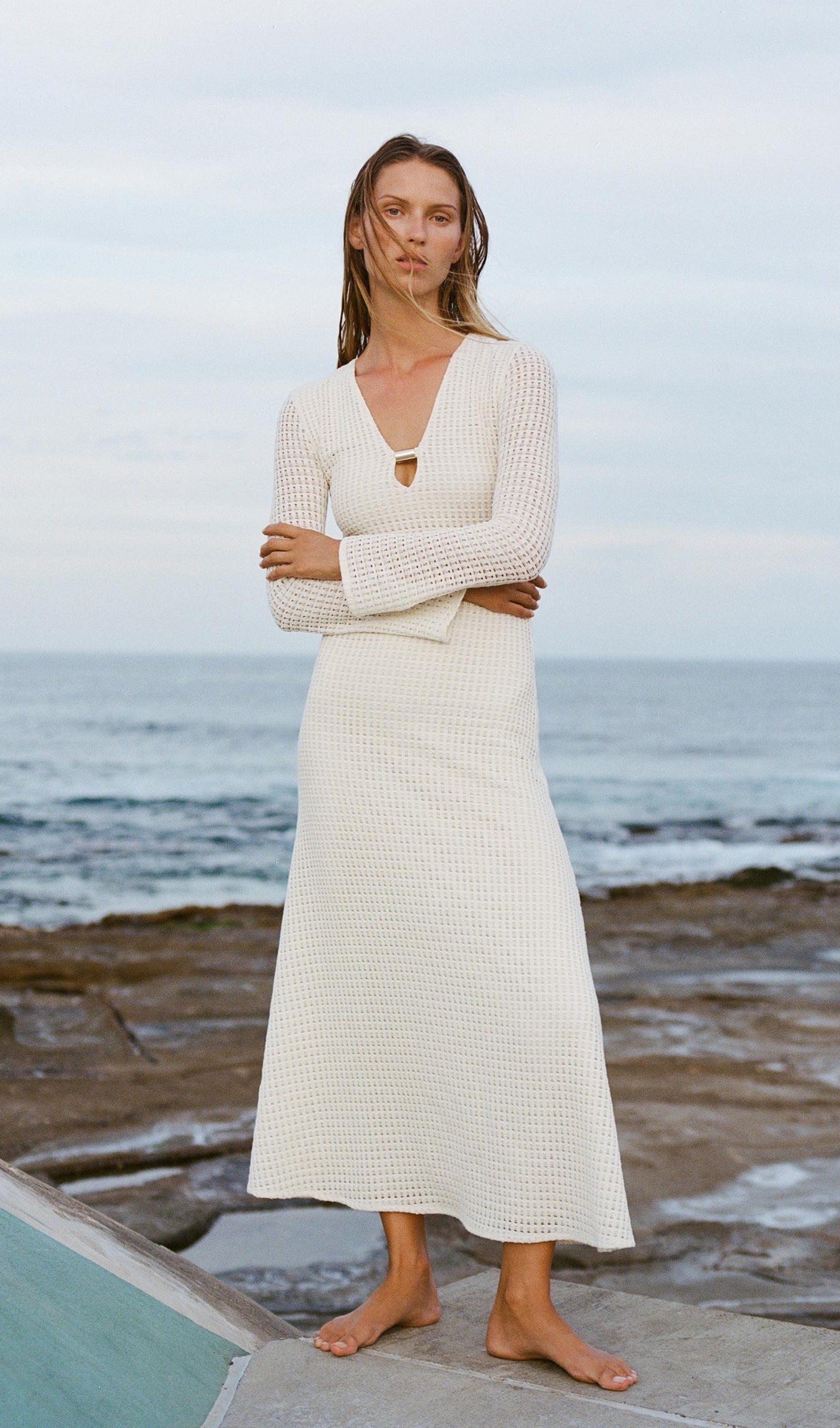 Düz Tığ İşi Midi Elbise