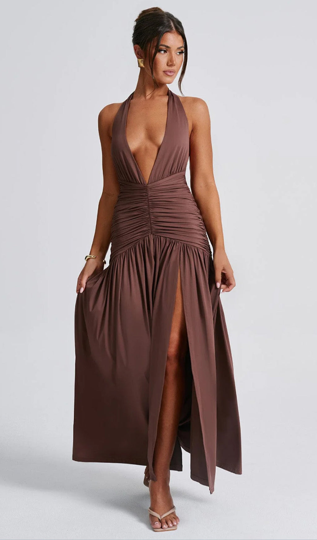 Düz Derin Askılı Uzun Elbise