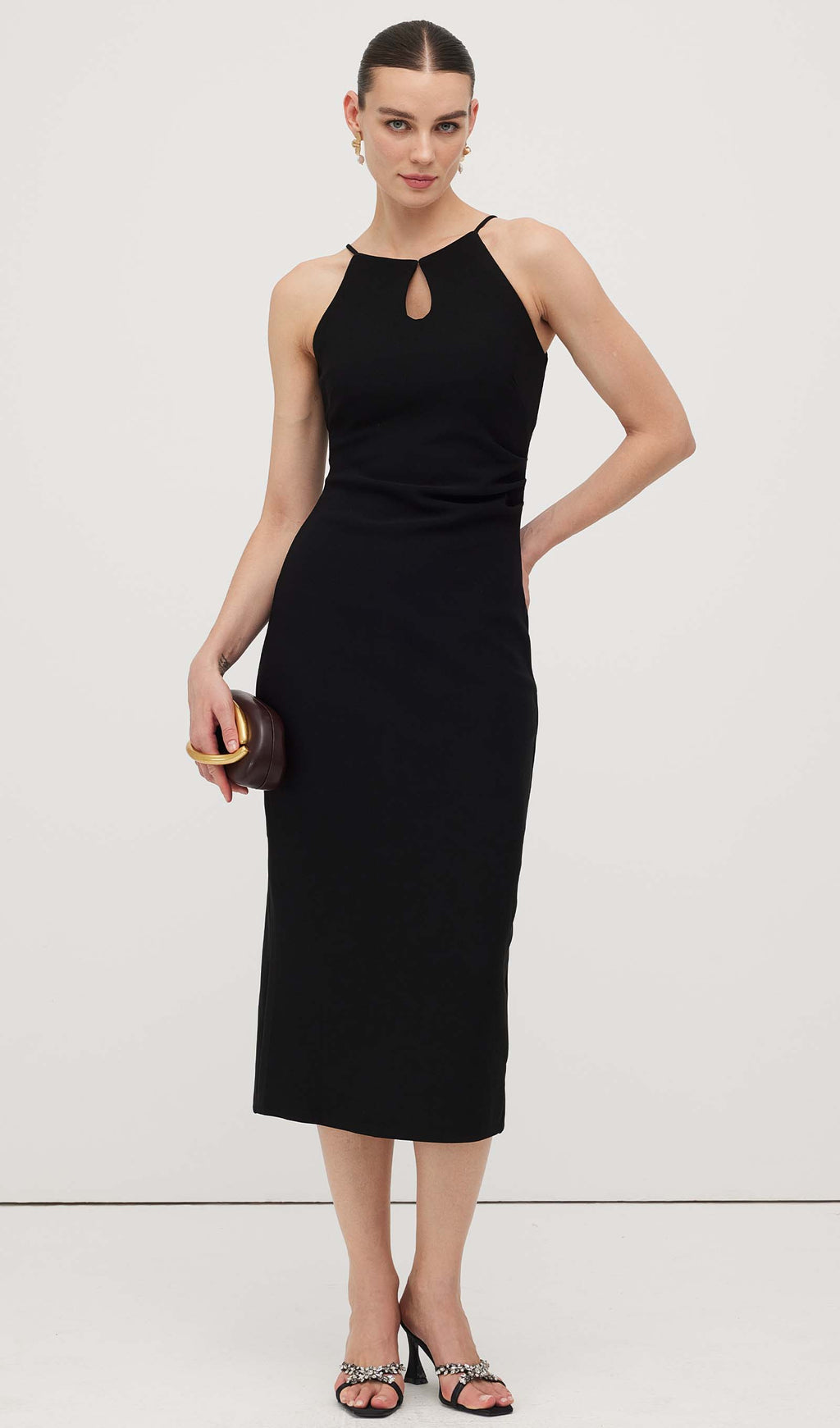 Düz Anahtar Deliği Kesimli Midi Elbise