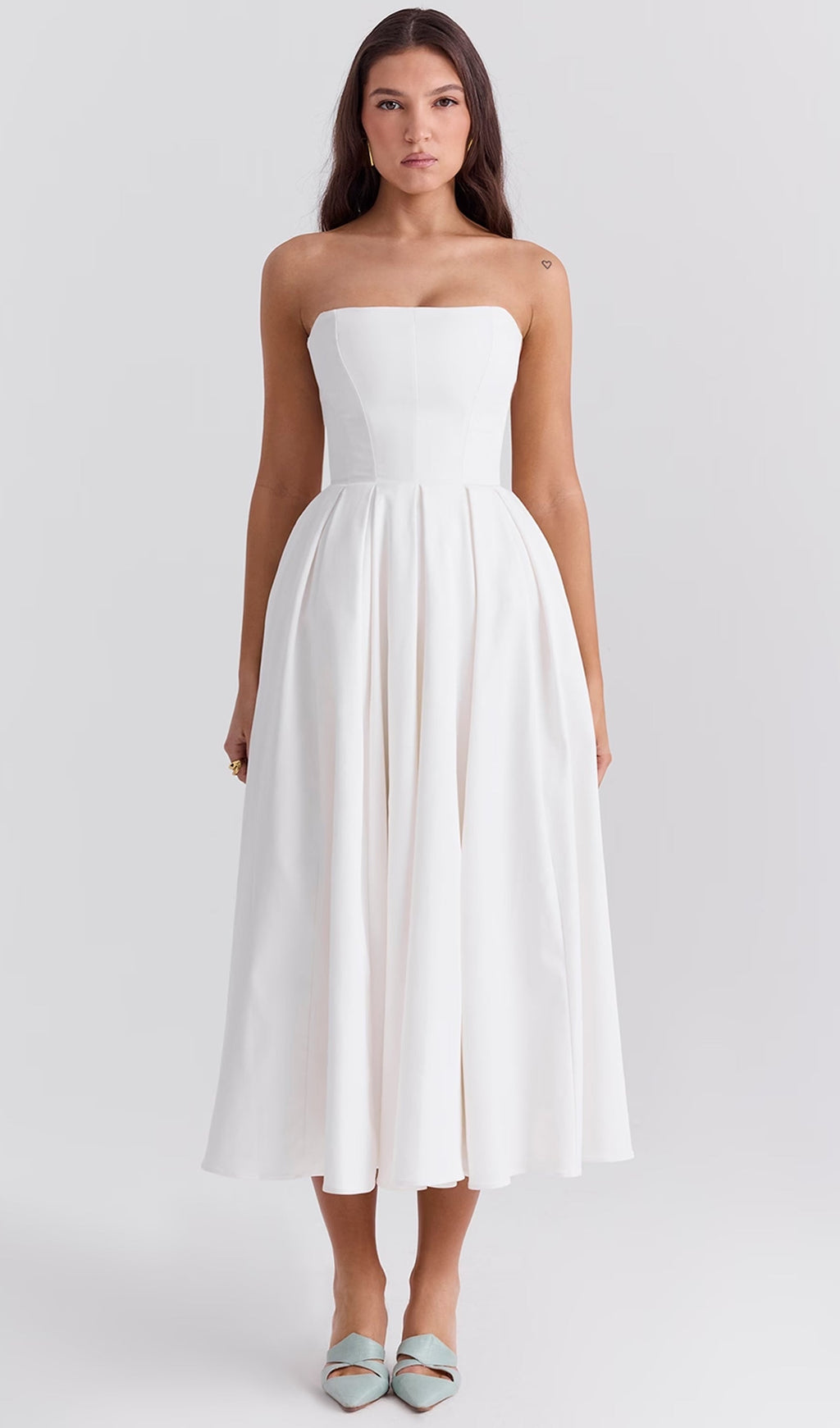 Askısız Korseli Midi Elbise Beyaz