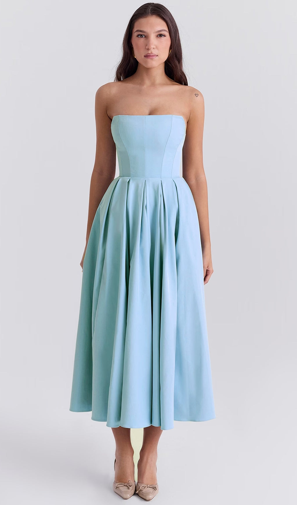 Açık Mavi Askısız Korseli Midi Elbise