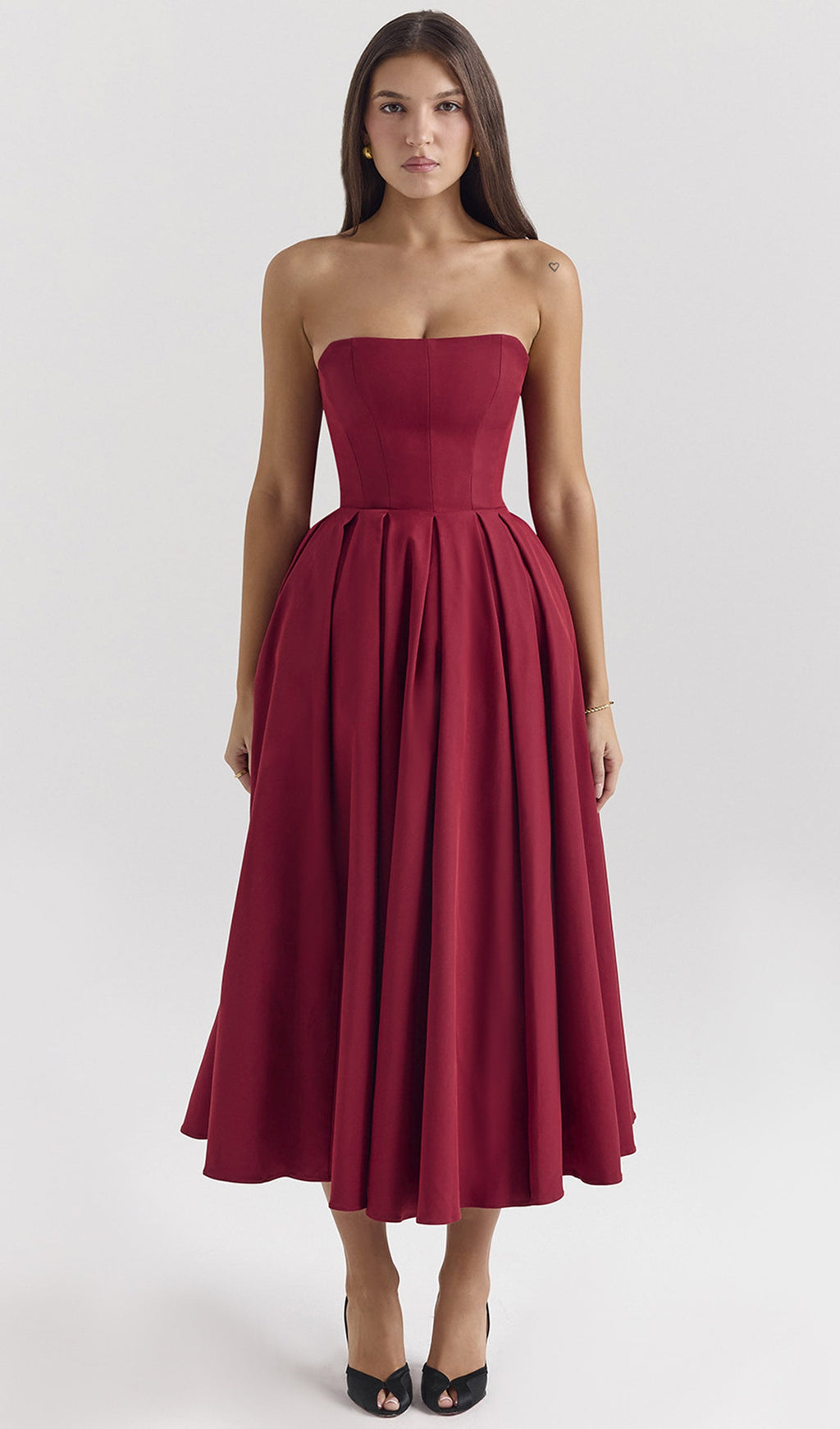Bordo Askısız Korseli Midi Elbise