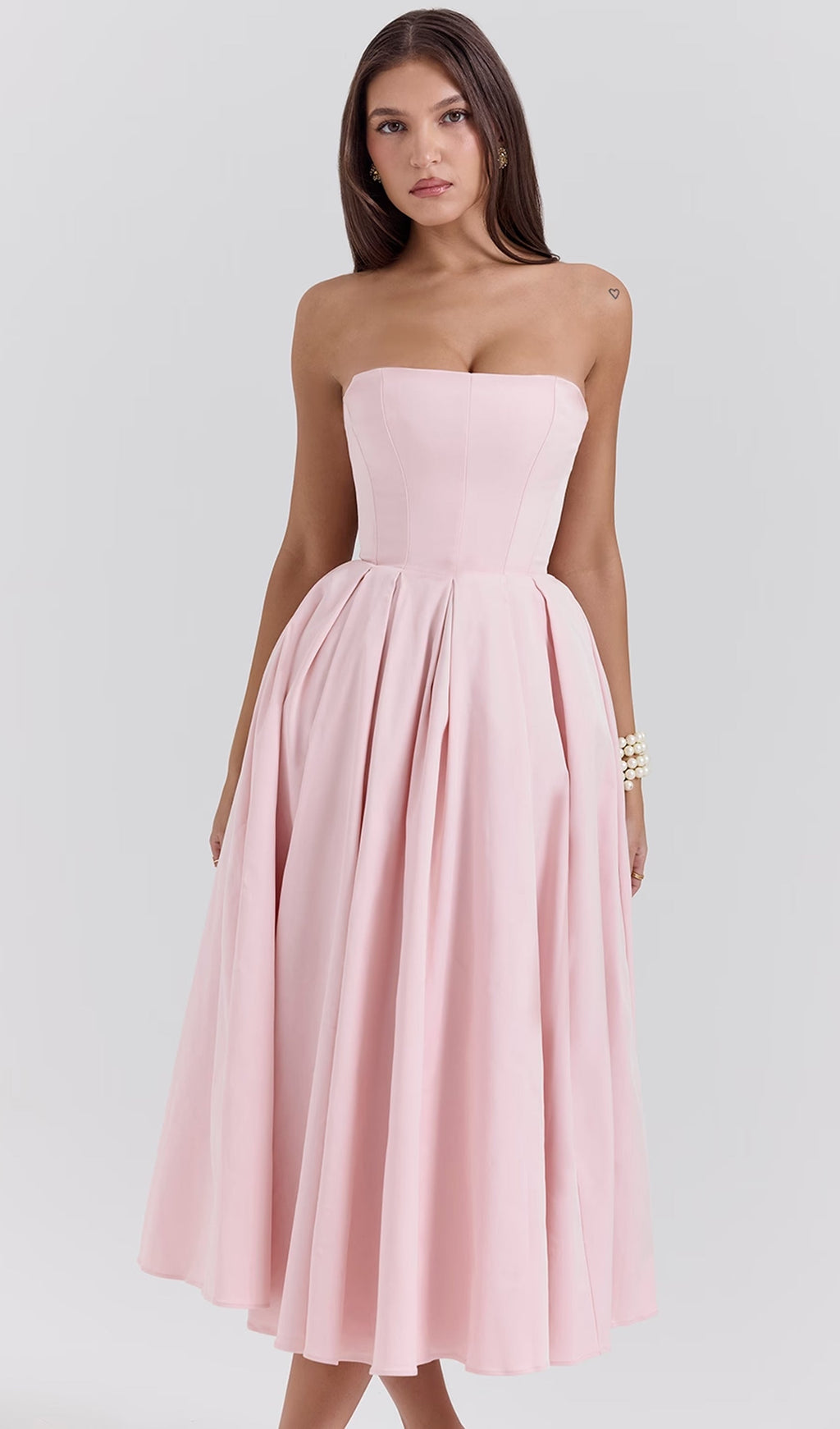 Pembe Straplez Korseli Midi Elbise