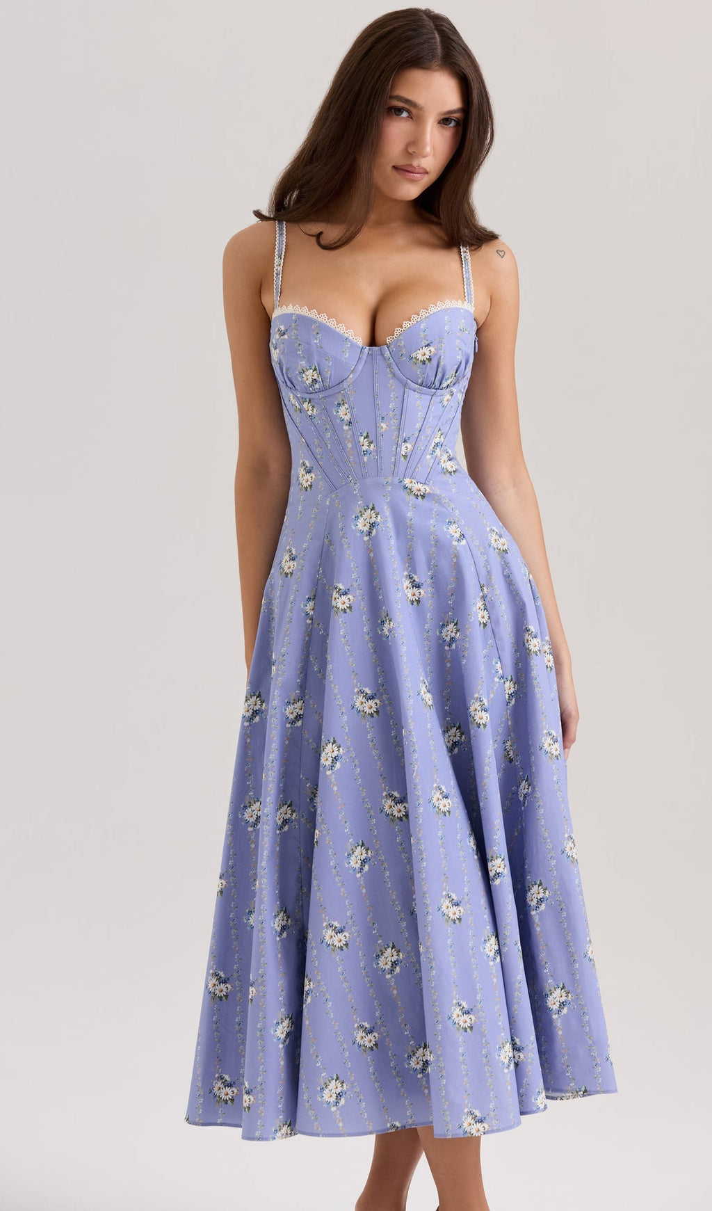 Mavi Çiçekli Streç Pamuklu Midi Elbise