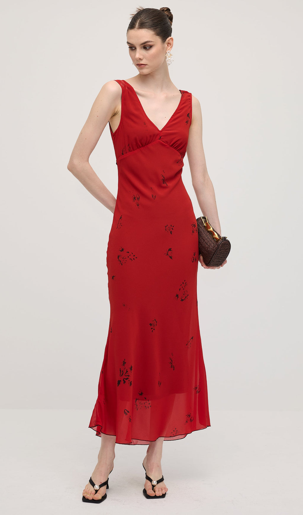 Kırmızı V Yaka Çiçekli Midi Elbise