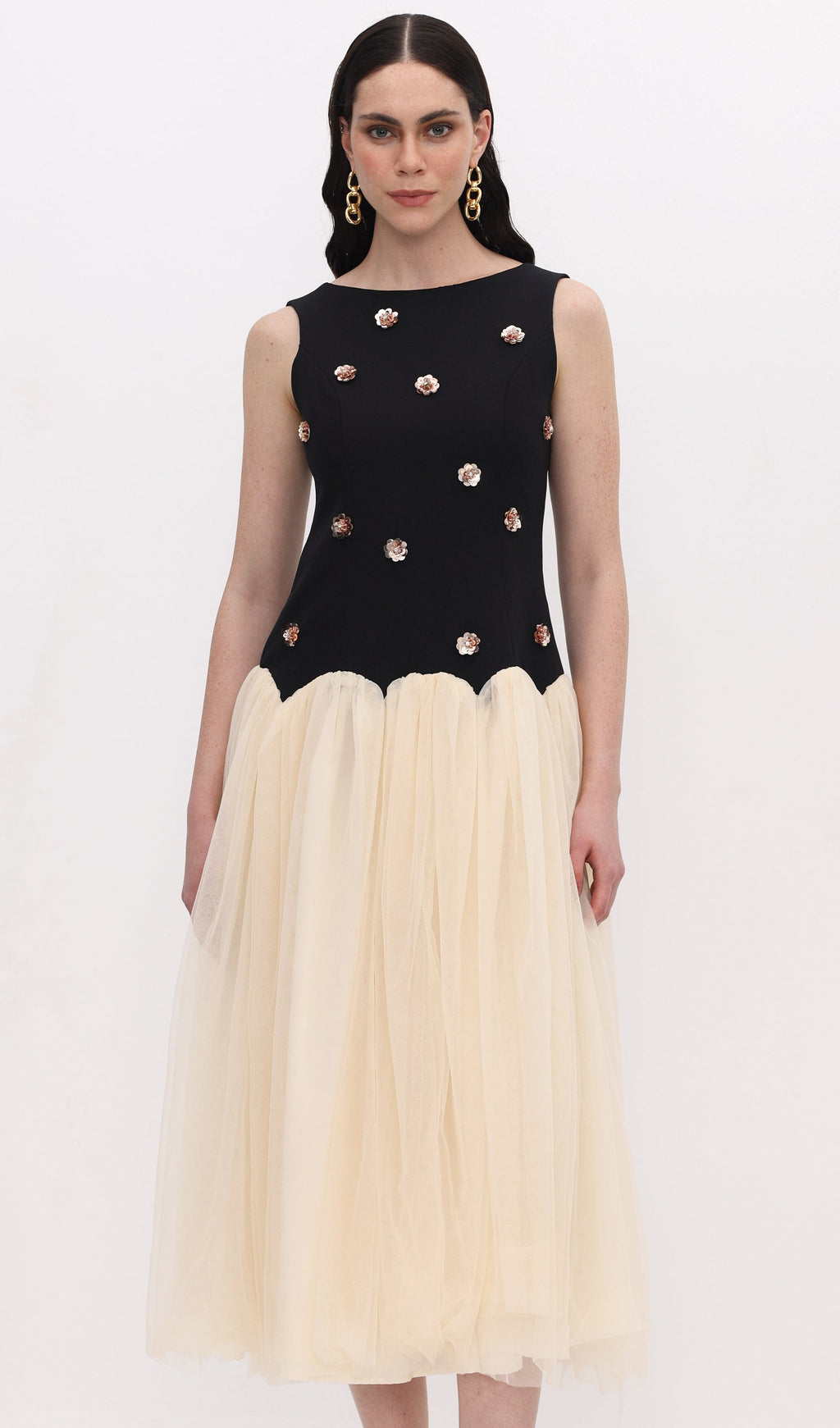 Vintage Kontrast Tül Midi Elbise