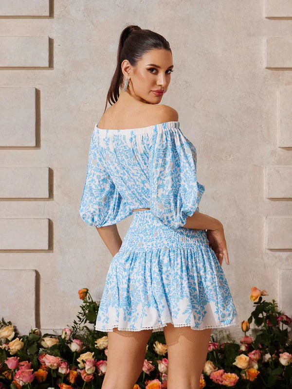 DELIA Desenli Omuzları Açık Etek ve Bluz Takımı