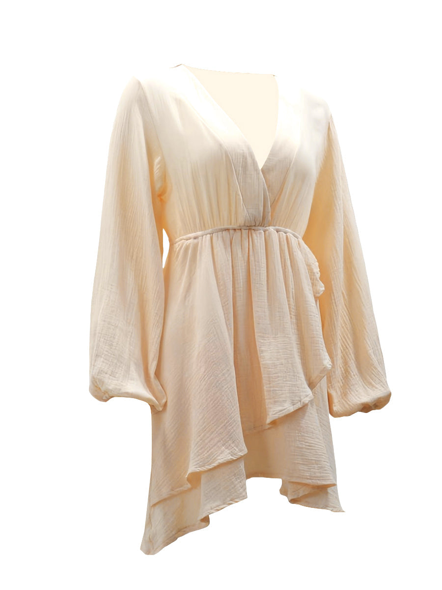 Kemersiz V Yaka Fener Kollu Mini Elbise