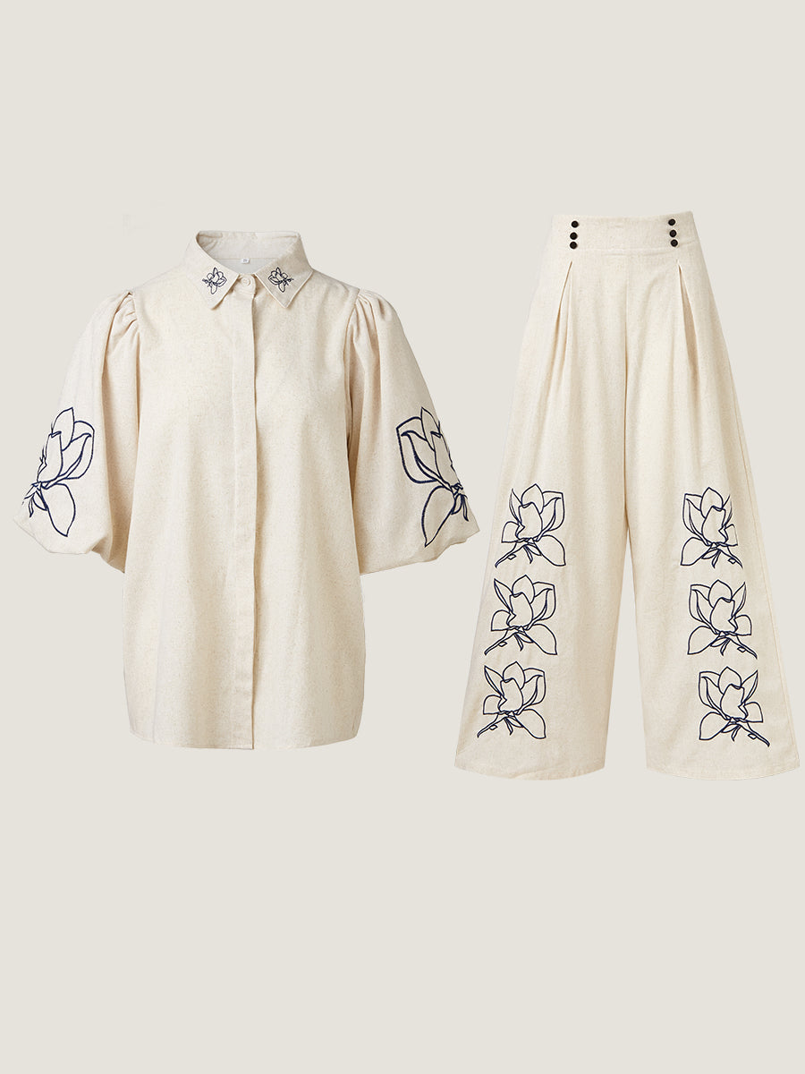 Floral Nakışlı Geniş Paça