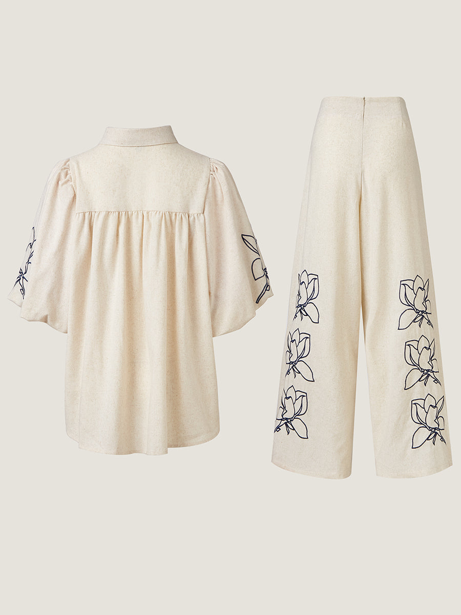 Floral Nakışlı Geniş Paça