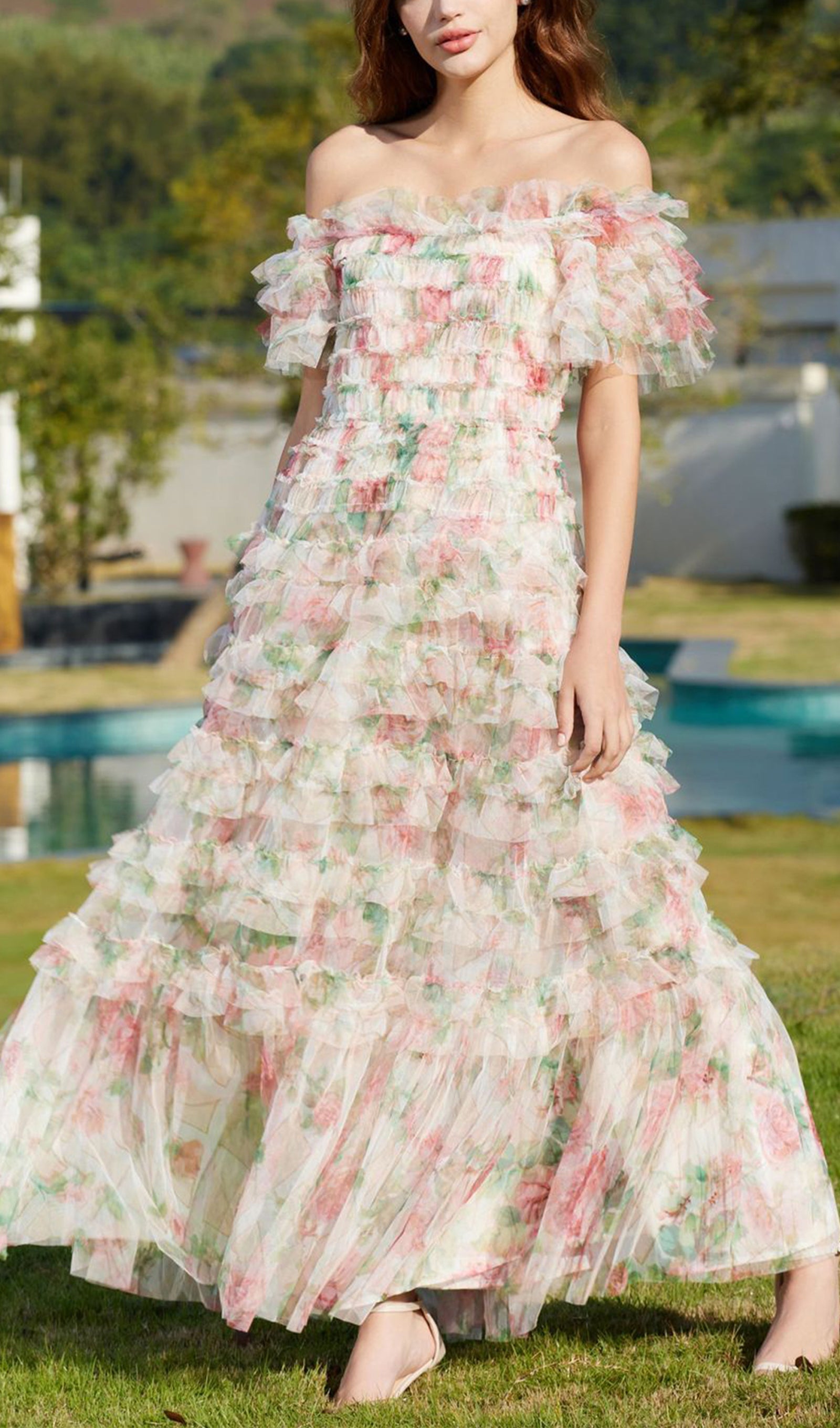 Omuz Açık Çiçekli Volanlı File Uzun Elbise