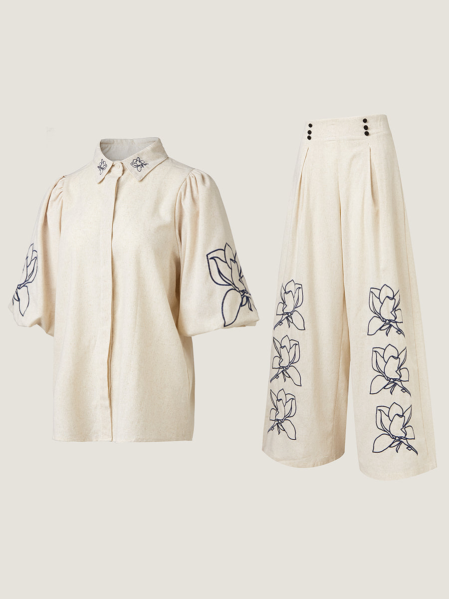 Floral Nakışlı Geniş Paça