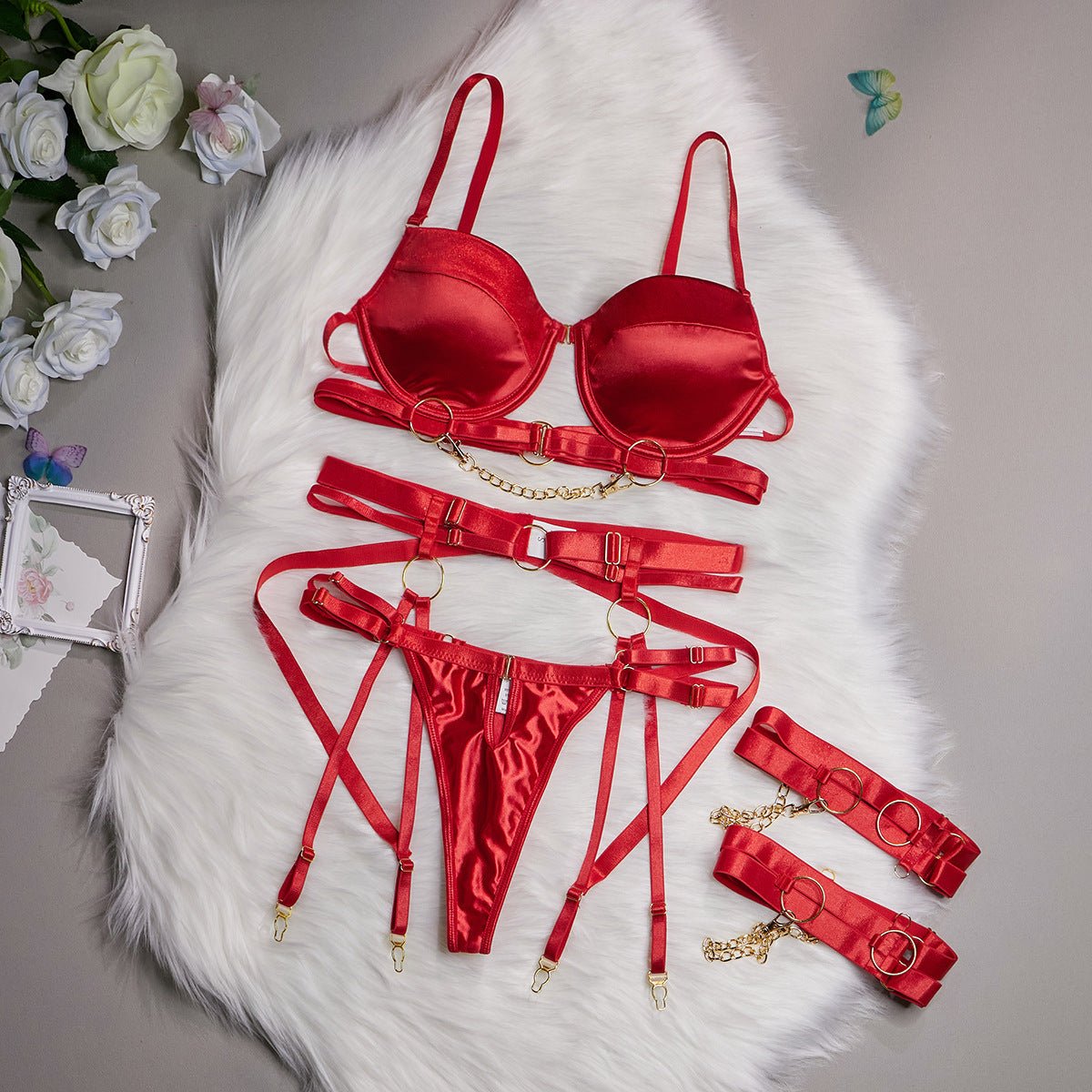 4 Parça Lingerie Takımı + Bacak Halkaları / INTIME - Kırmızı