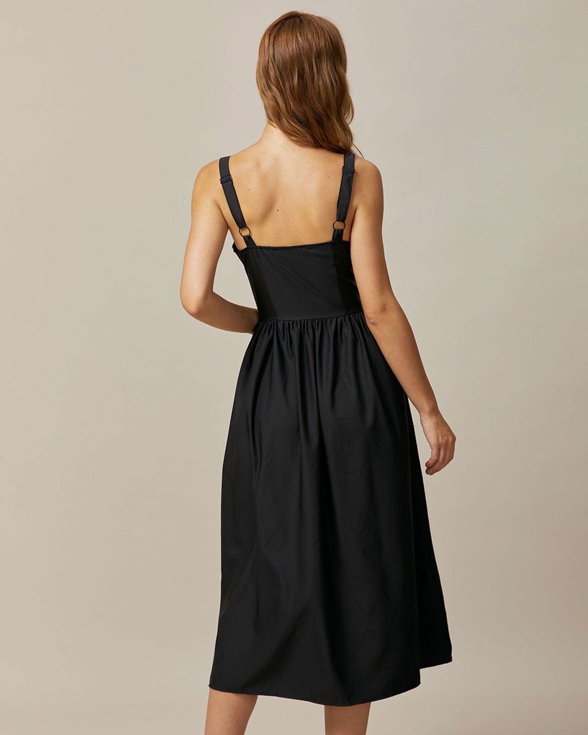 Siyah Kare Yaka Dantelli Cami Midi Elbise