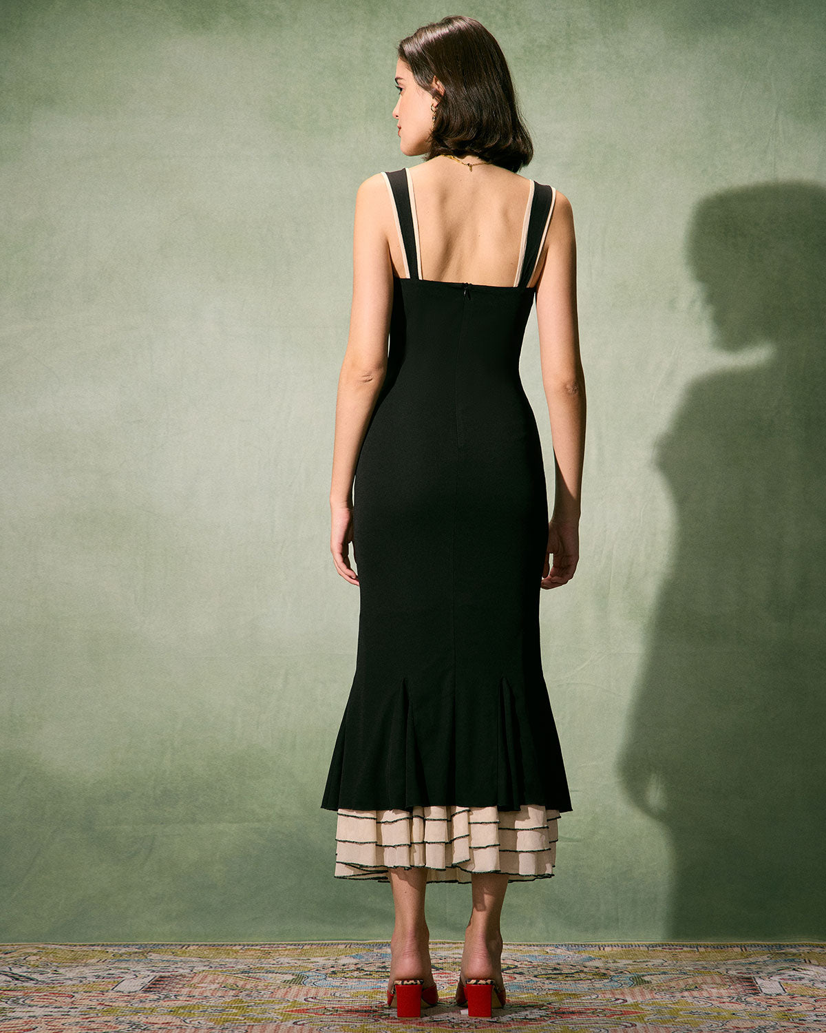 Siyah Kalp Yaka Bodycon Slip Maxi Elbise