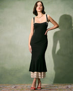 Siyah Kalp Yaka Bodycon Slip Maxi Elbise