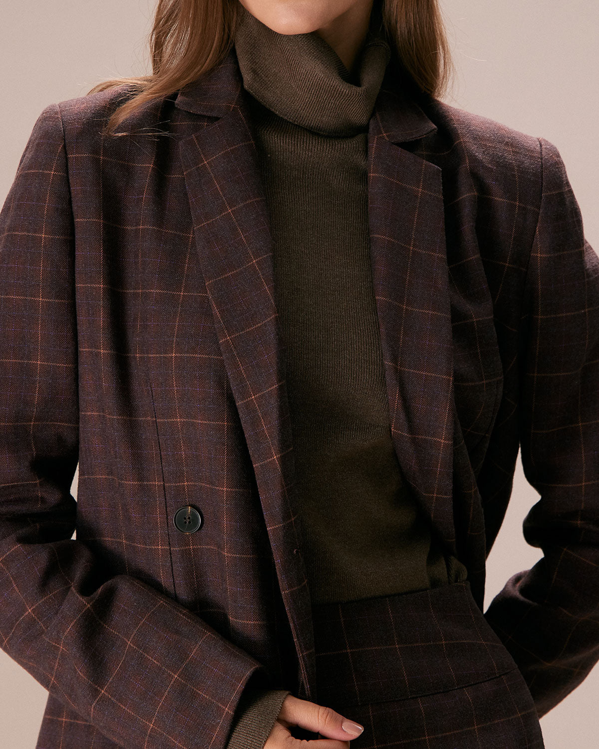 Kahve Yaka Kruvaze Ekose Blazer