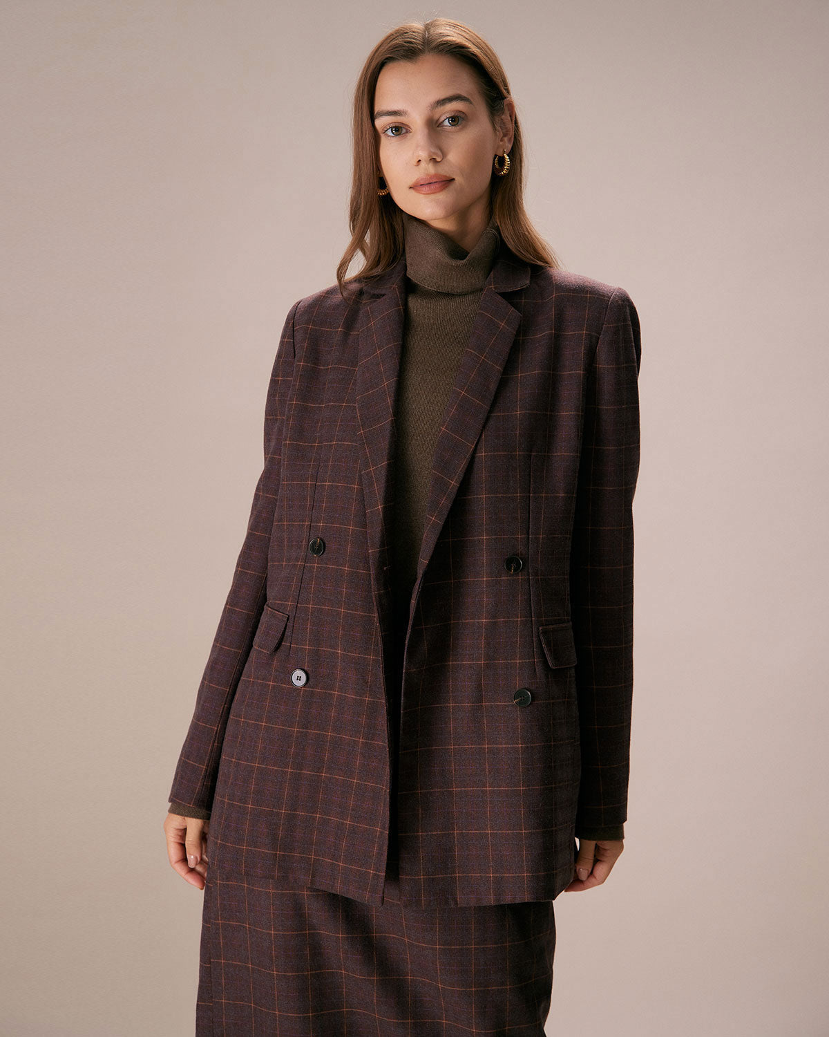 Kahve Yaka Kruvaze Ekose Blazer