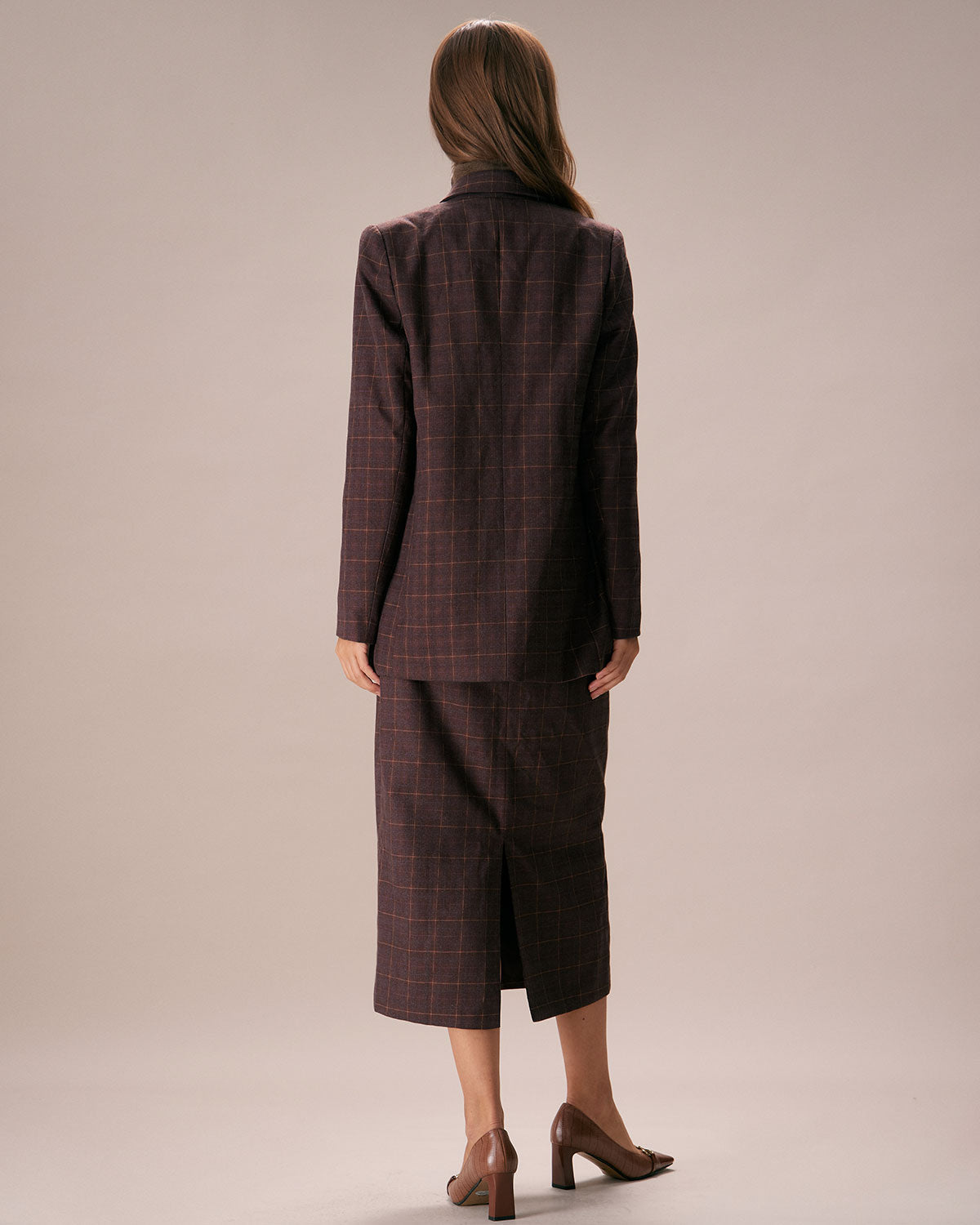 Kahve Yaka Kruvaze Ekose Blazer