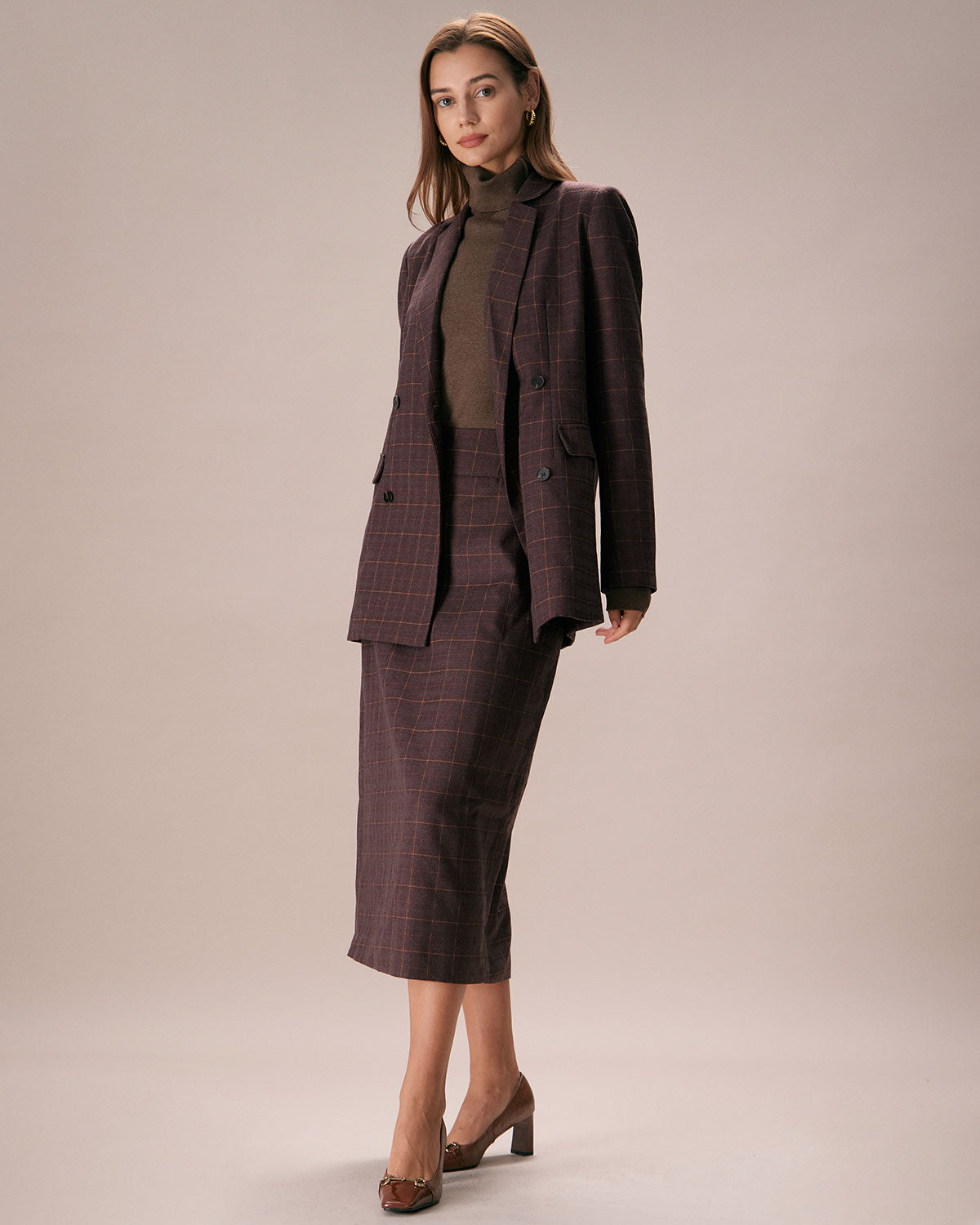 Kahve Yaka Kruvaze Ekose Blazer