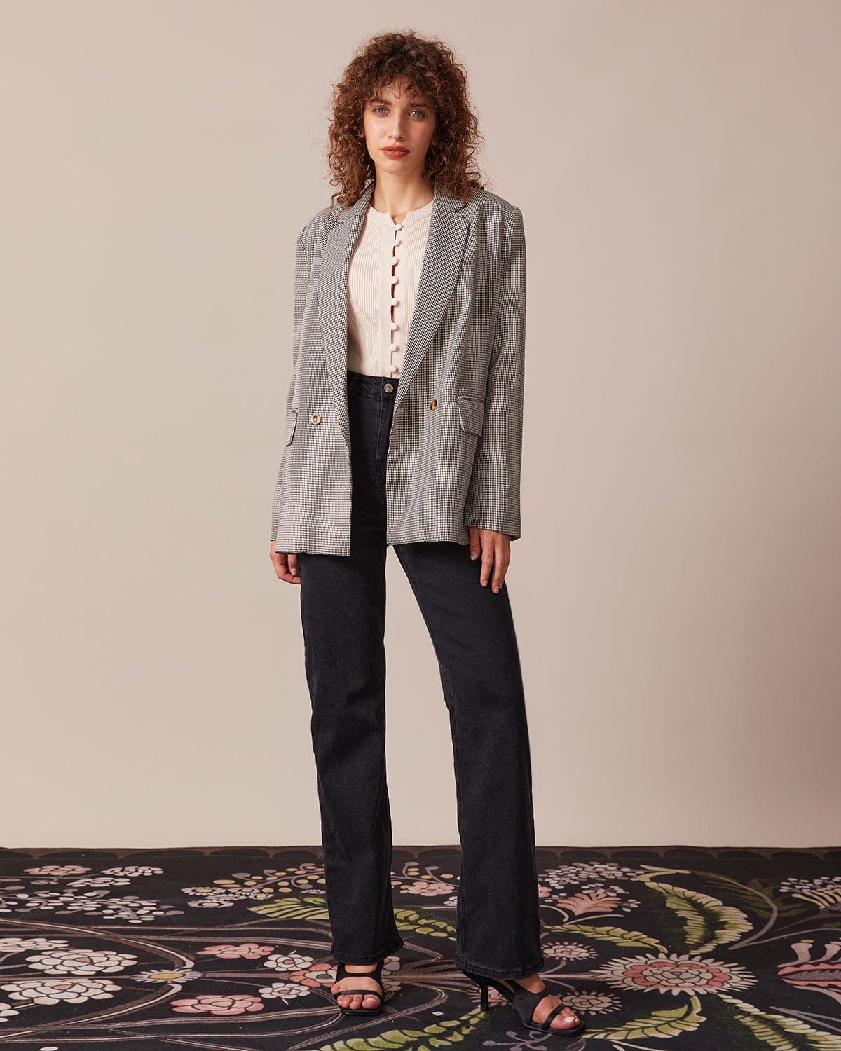 Kahve Yaka Kazayağı Düğmeli Blazer