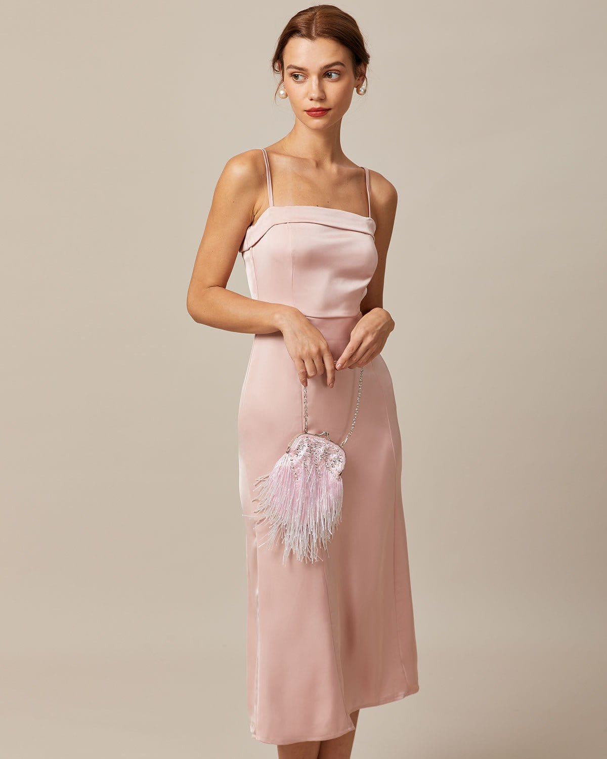 Pembe Bodycon Saten Cami Midi Elbise