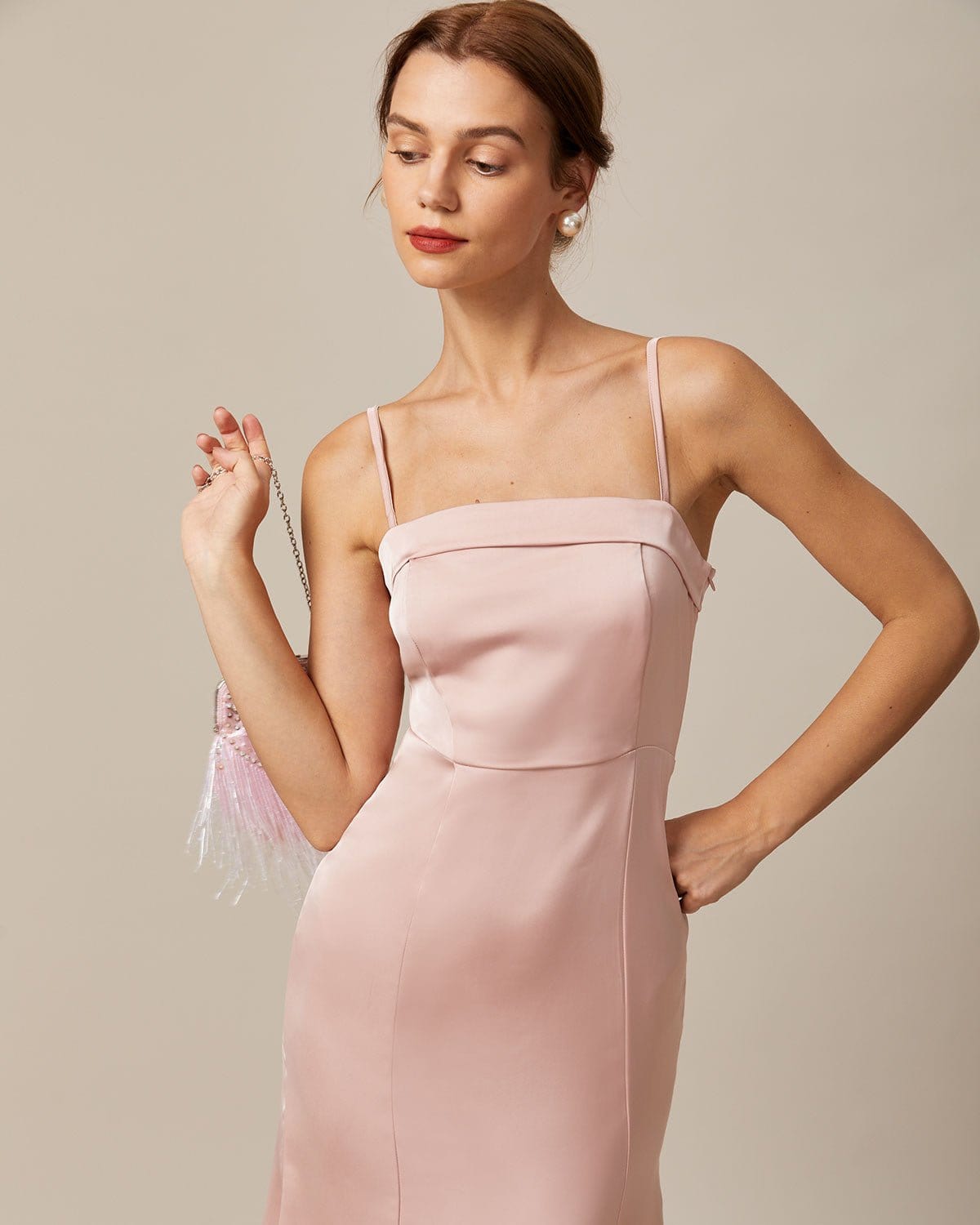 Pembe Bodycon Saten Cami Midi Elbise