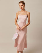 Pembe Bodycon Saten Cami Midi Elbise