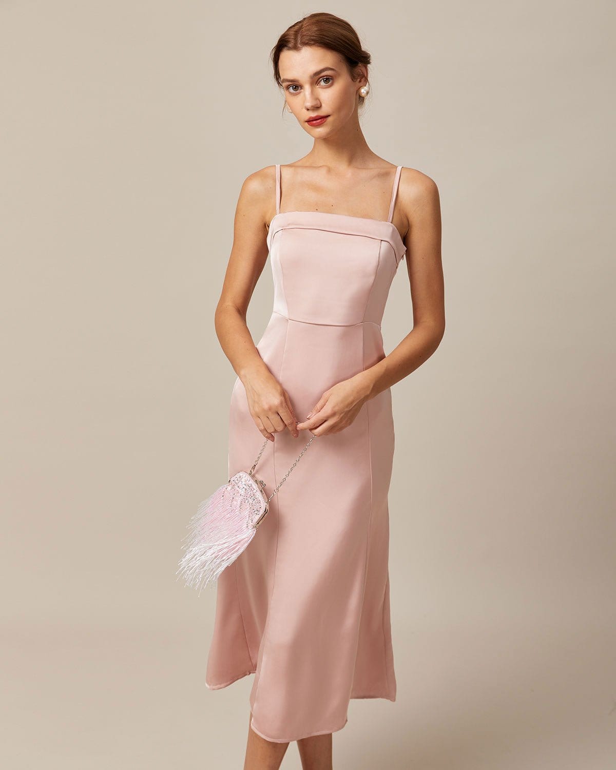 Pembe Bodycon Saten Cami Midi Elbise