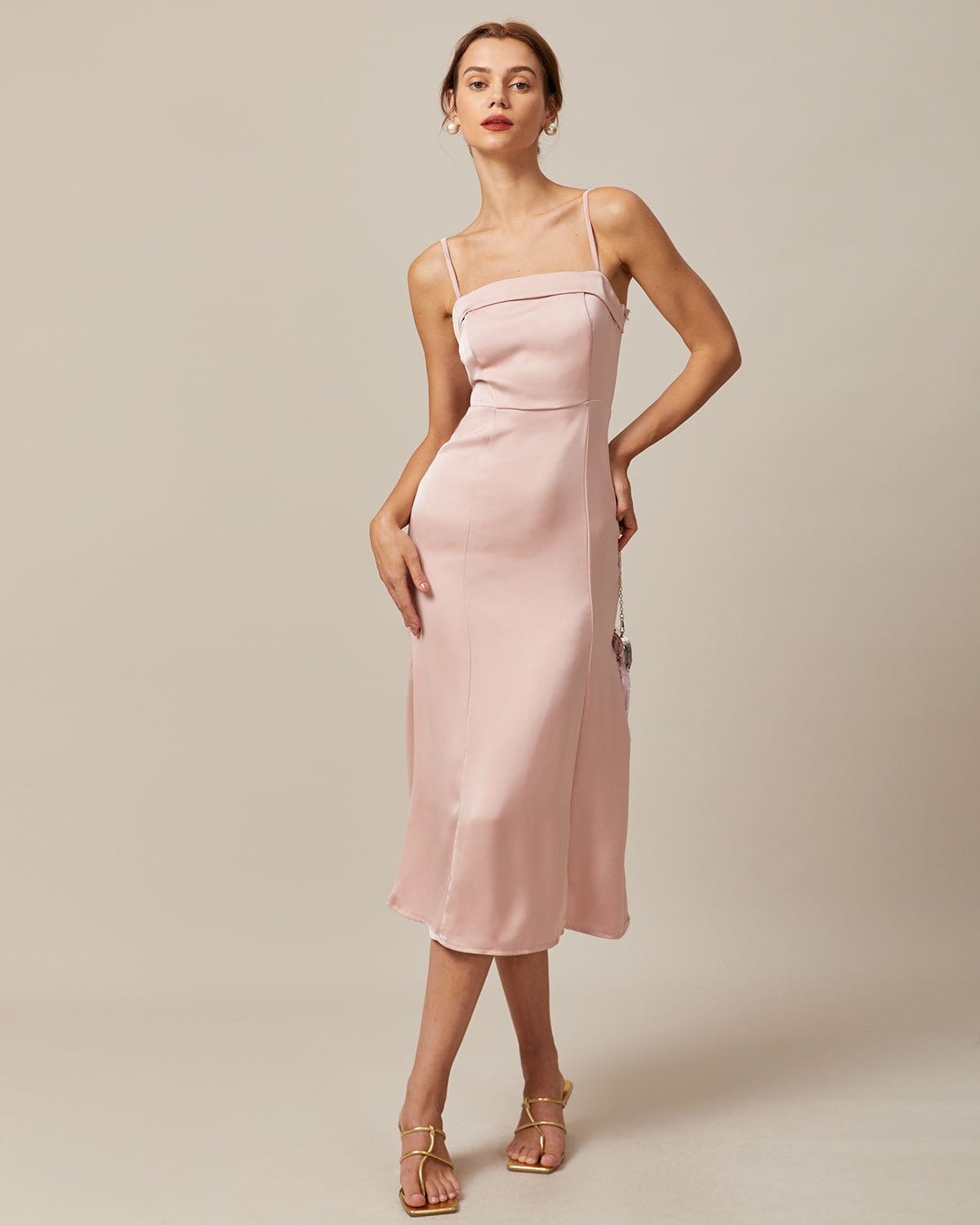 Pembe Bodycon Saten Cami Midi Elbise