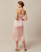 Pembe Bodycon Saten Cami Midi Elbise