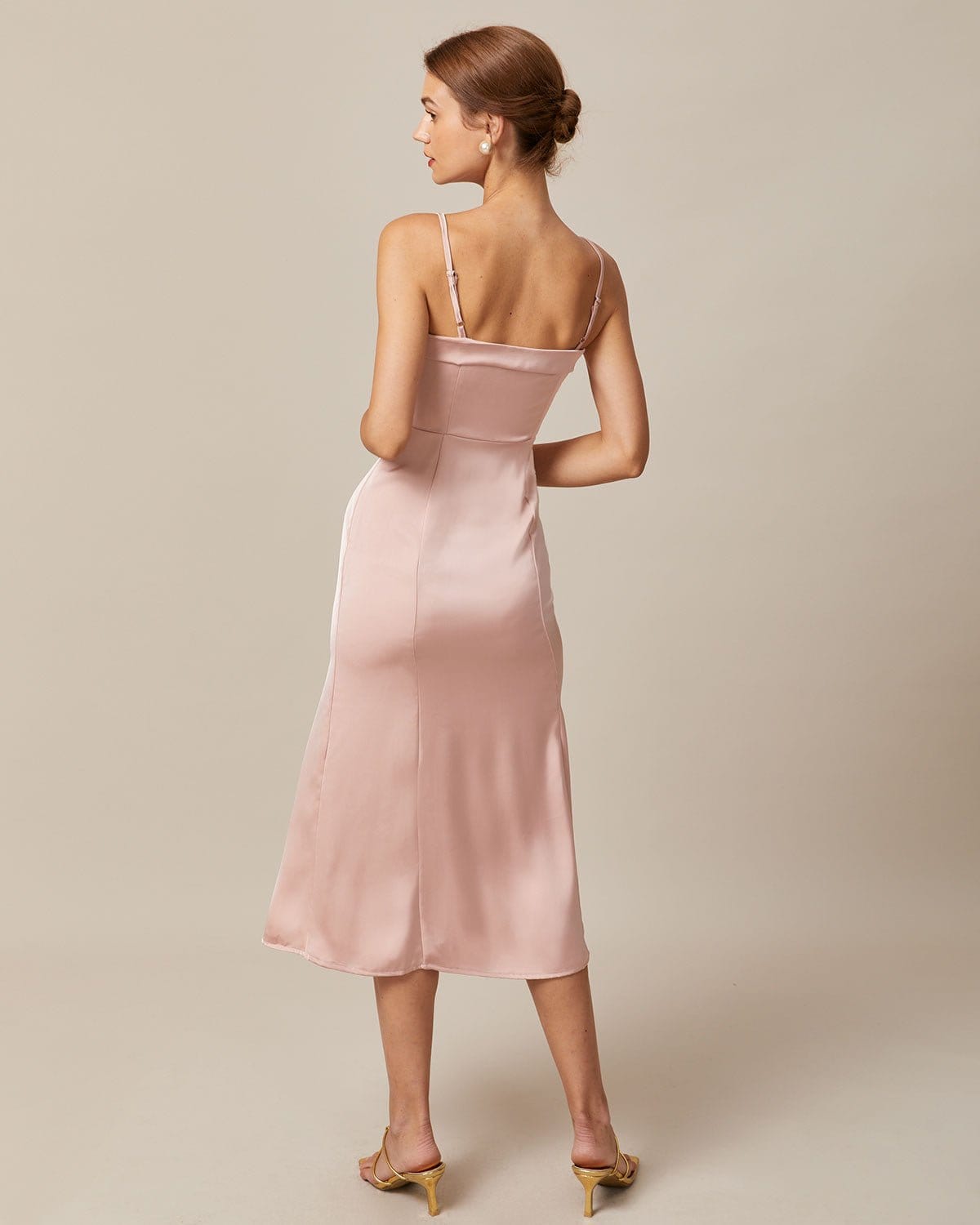 Pembe Bodycon Saten Cami Midi Elbise