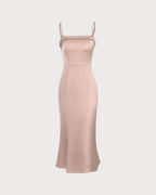 Pembe Bodycon Saten Cami Midi Elbise