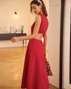 Kırmızı Yuvarlak Yaka Cut-Out Midi Elbise