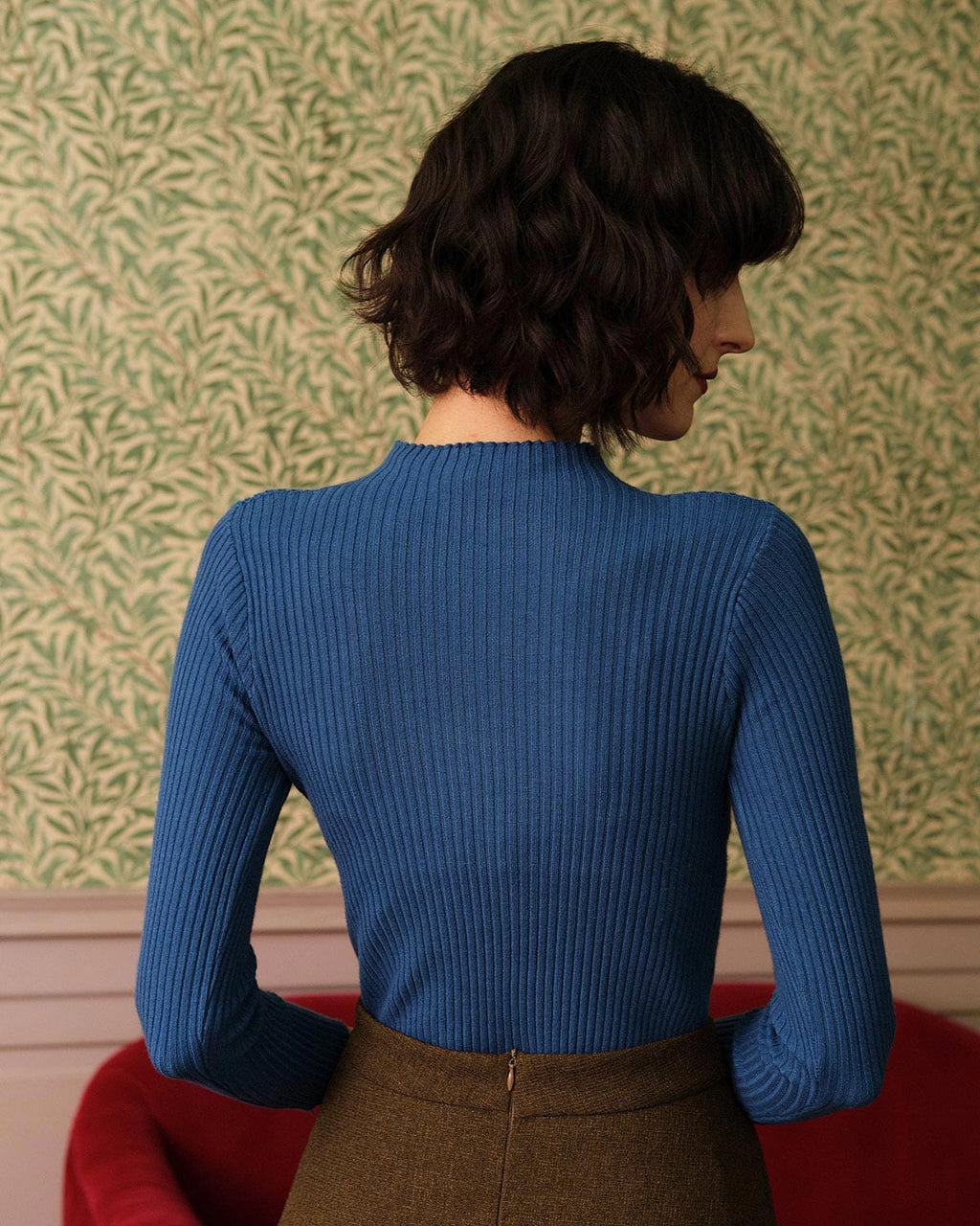 Düz Mock Neck Ribbed Örgü Üst