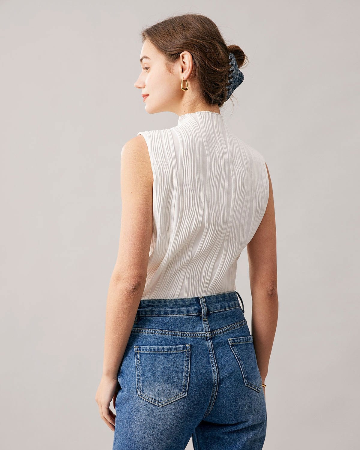 Düz Mock Yaka Su Dalgası Dokulu Tank Top