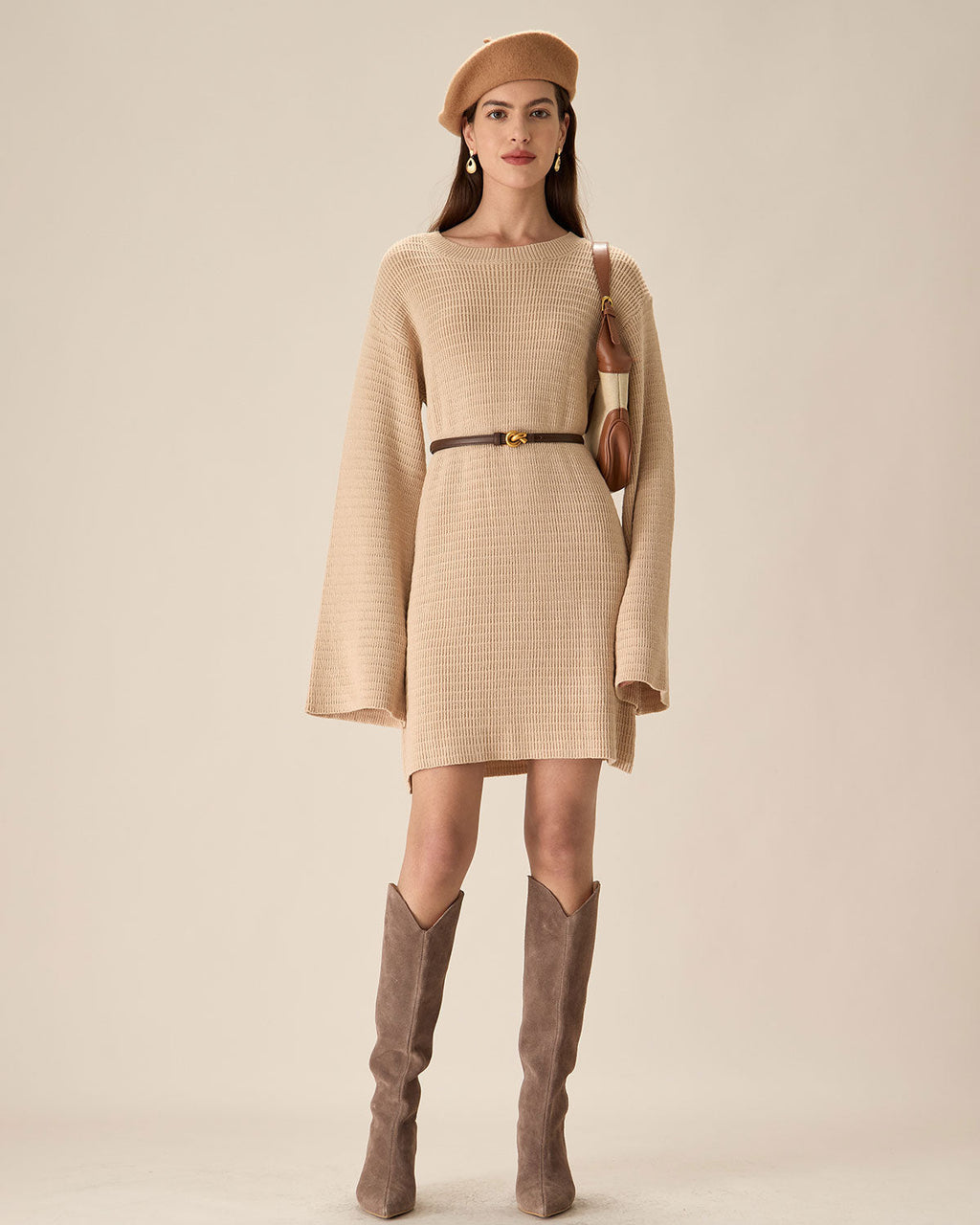 Bej Damla Omuz Triko Mini Elbise