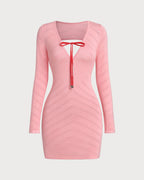 Pembe uzun kollu Mini Elbise