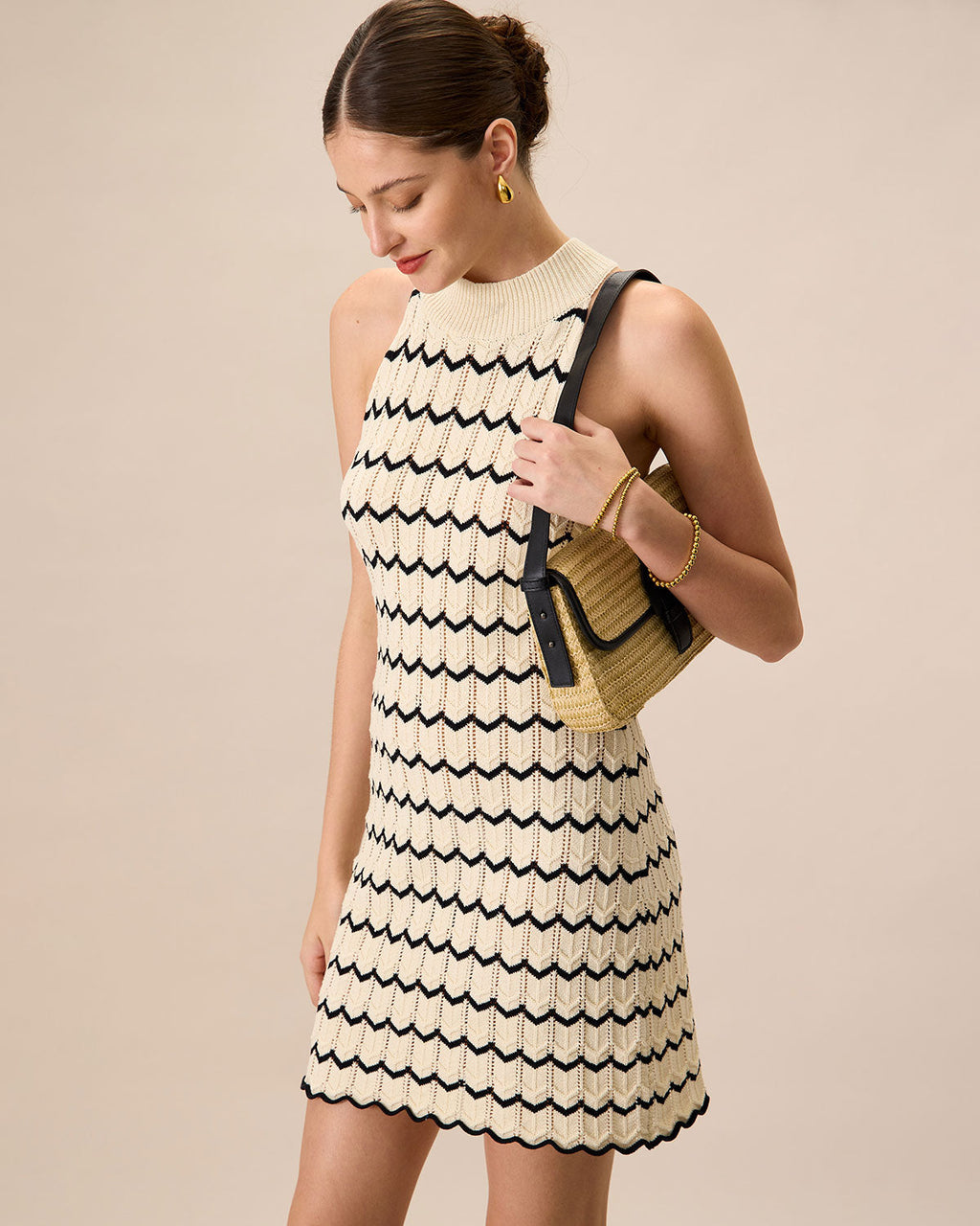 Kadın Balıkçı Yaka Kontrast Örme Mini Elbise