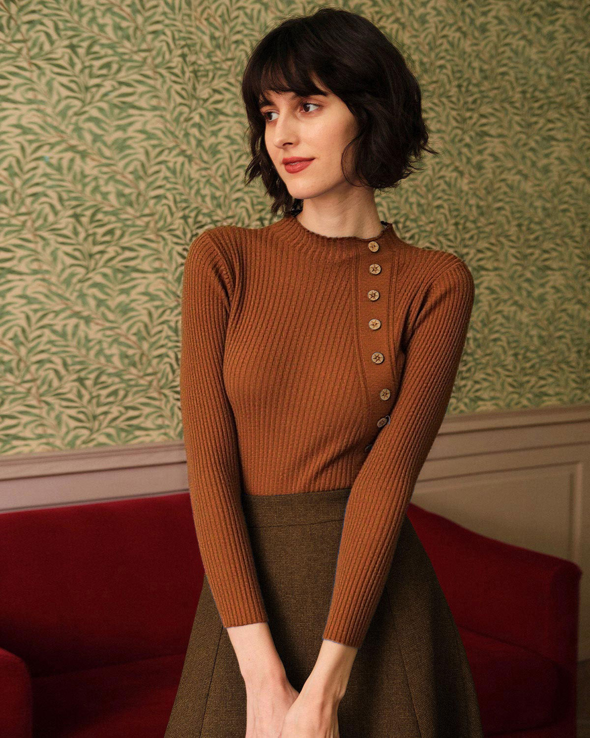 Karamel Renkli Yakalı Ribana Örgü Kazak