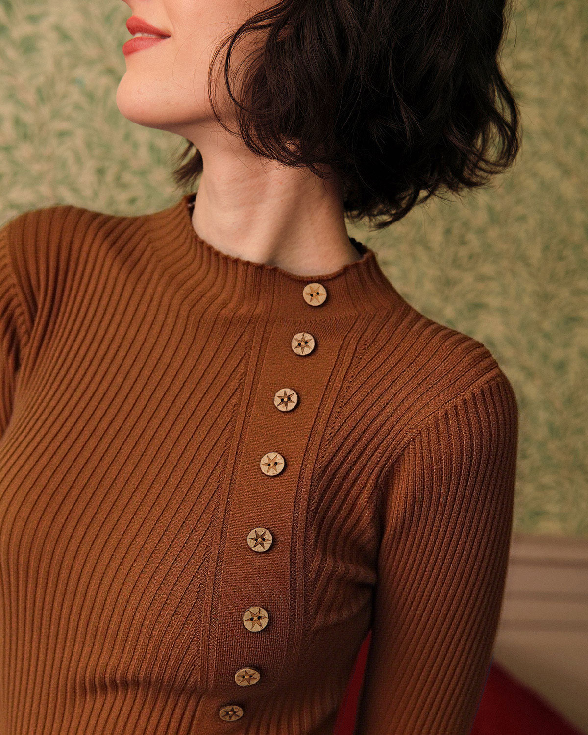 Karamel Renkli Yakalı Ribana Örgü Kazak