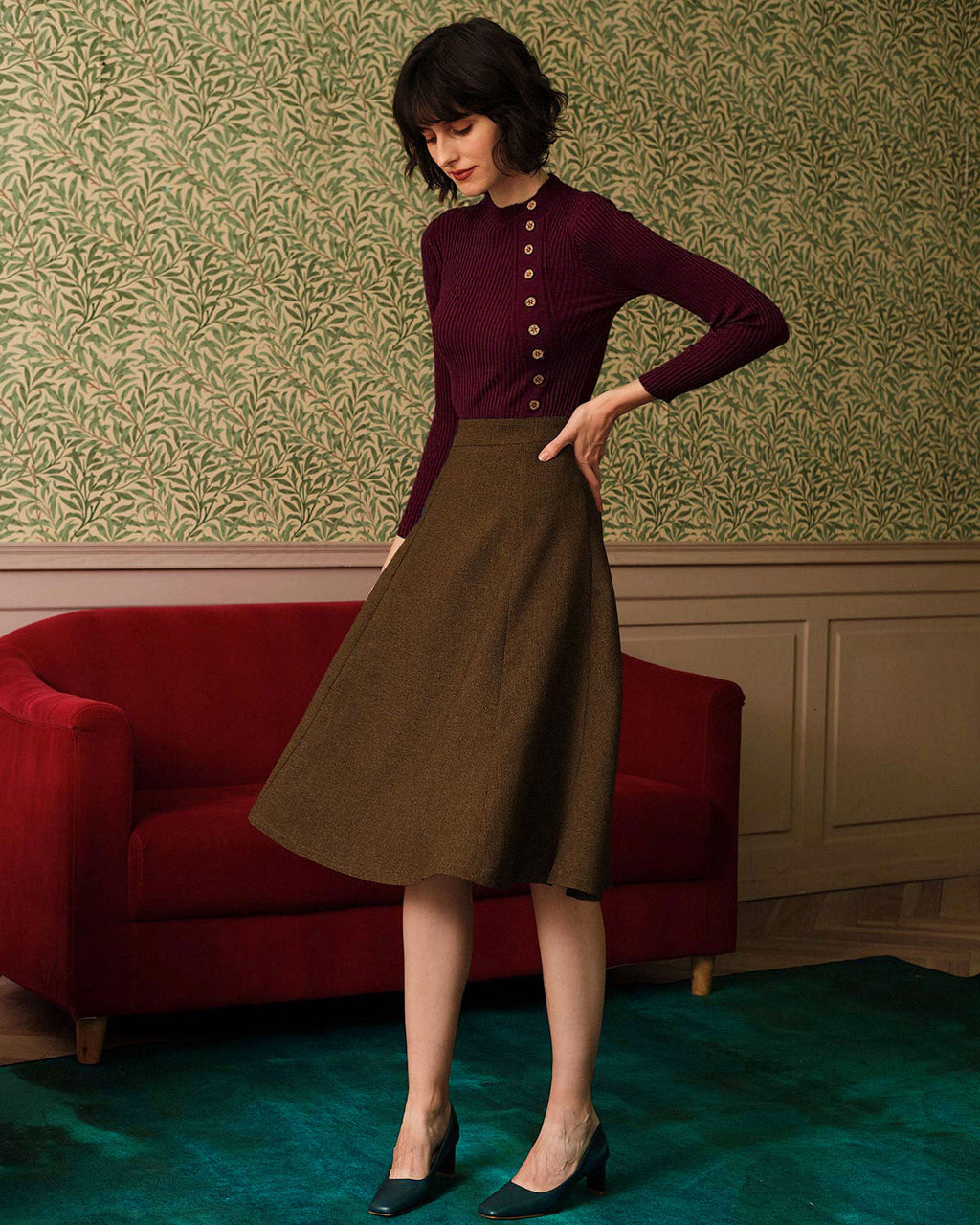 Şarap Kırmızısı Mock Yaka Ribana Örgü Kazak