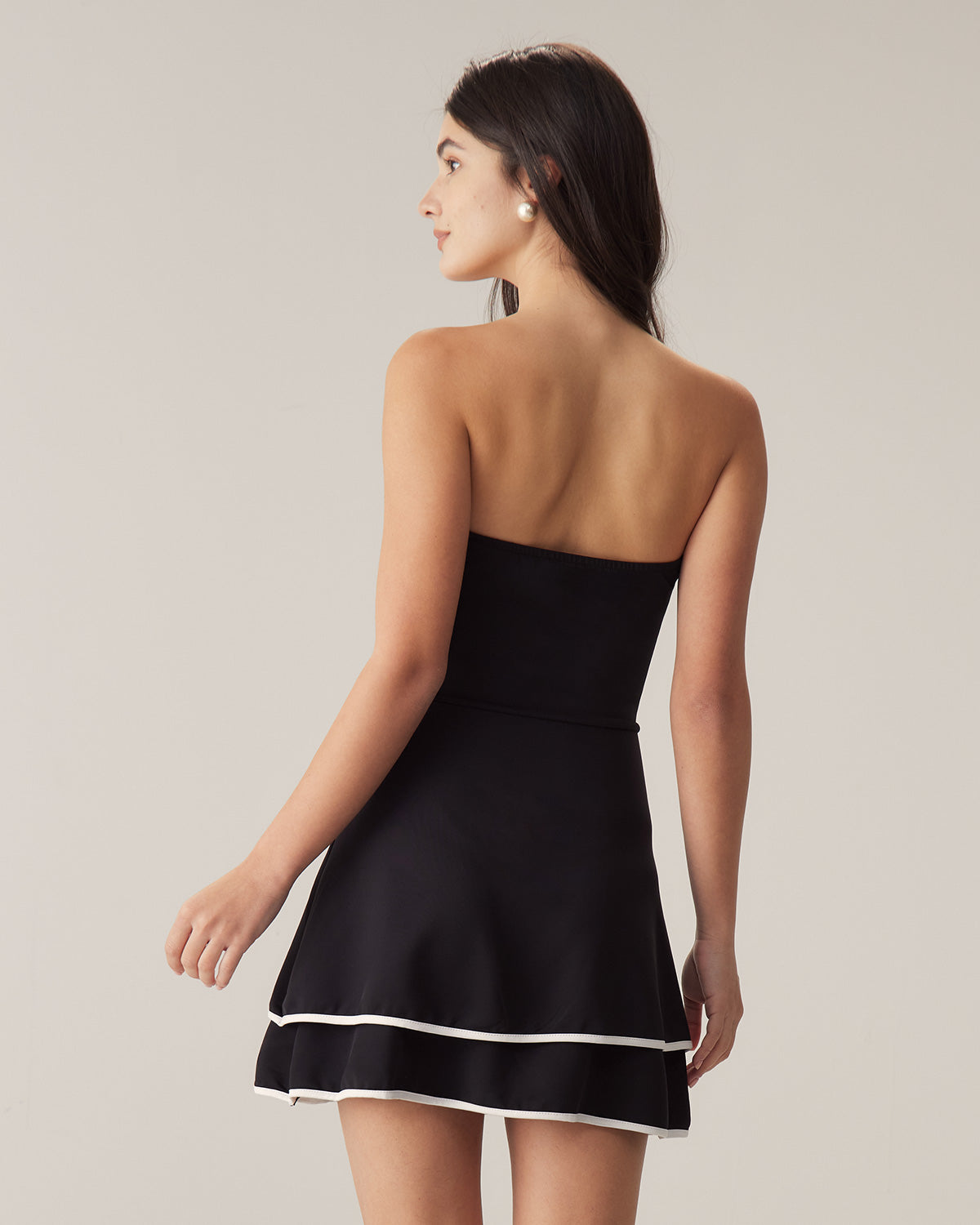 Siyah Kontrast Straplez Mini Elbise