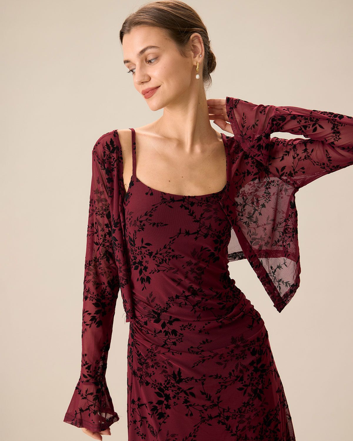 Kırmızı Çiçekli Bodycon Slip Midi Elbise
