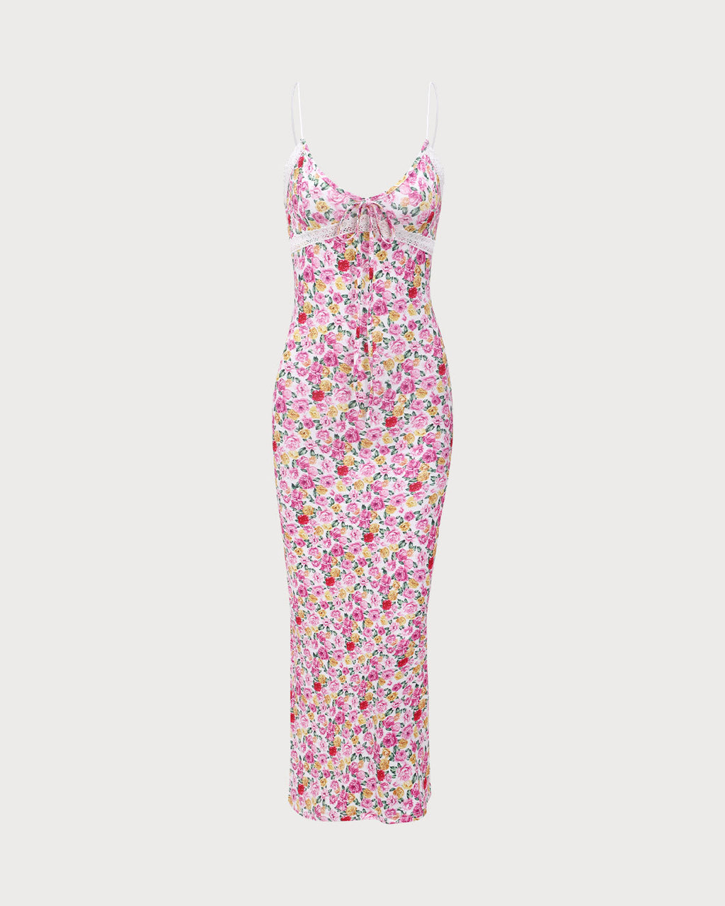 Pembe Çiçekli Bodycon Slip Maxi Elbise