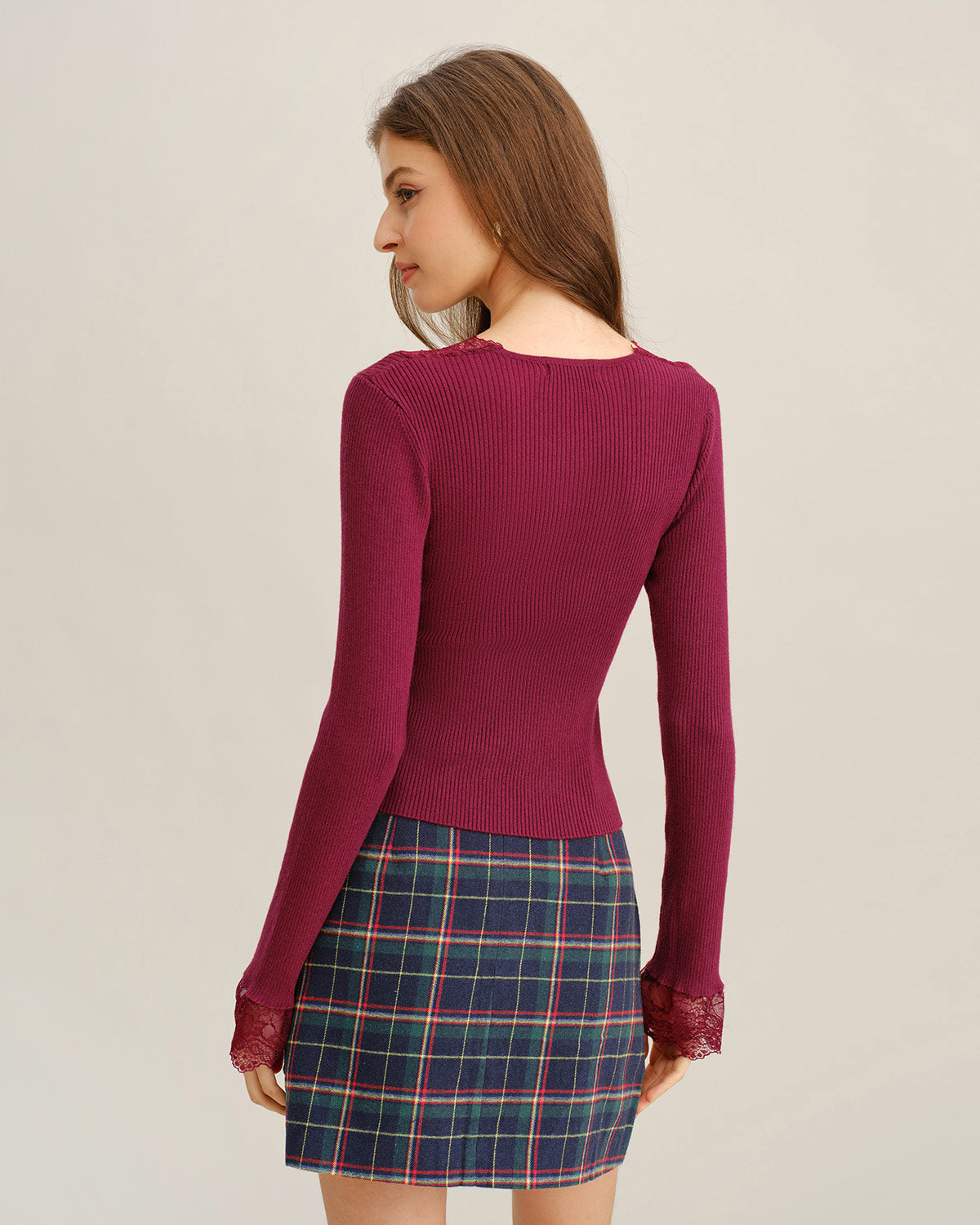 Şarap Kırmızısı V Yaka Ribana Örgü Kazak