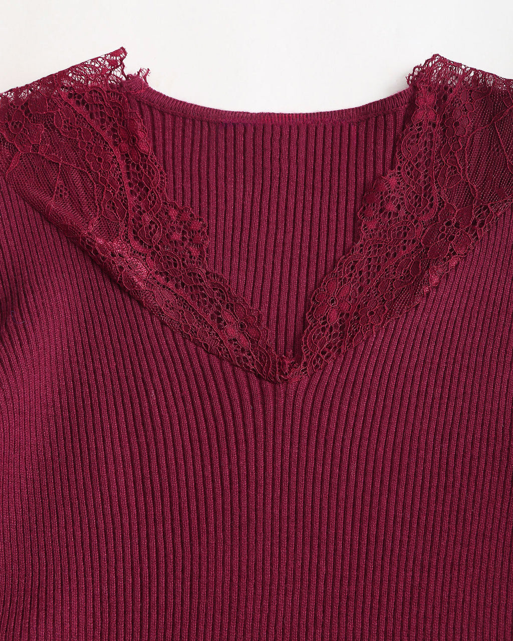 Şarap Kırmızısı V Yaka Ribana Örgü Kazak