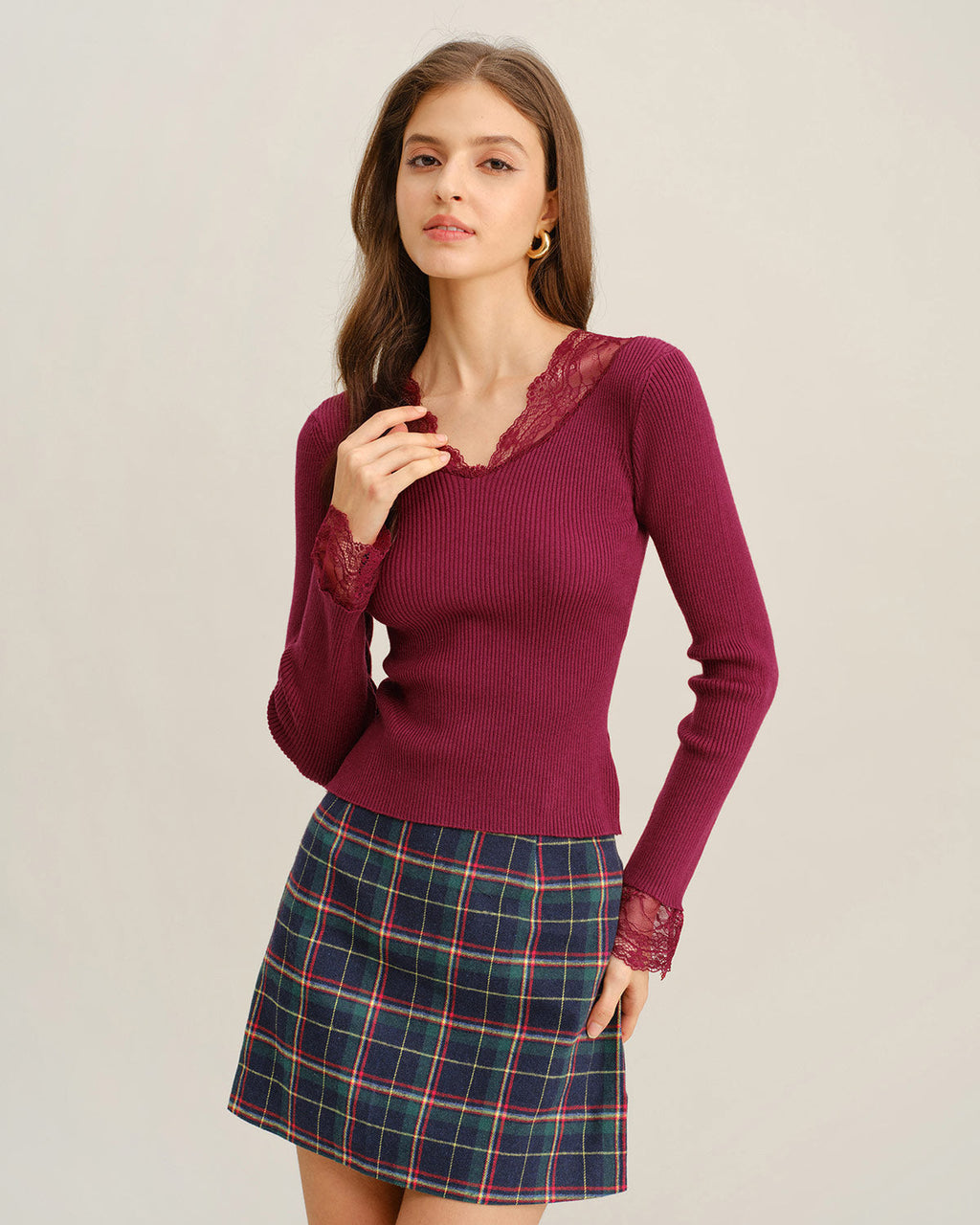 Şarap Kırmızısı V Yaka Ribana Örgü Kazak