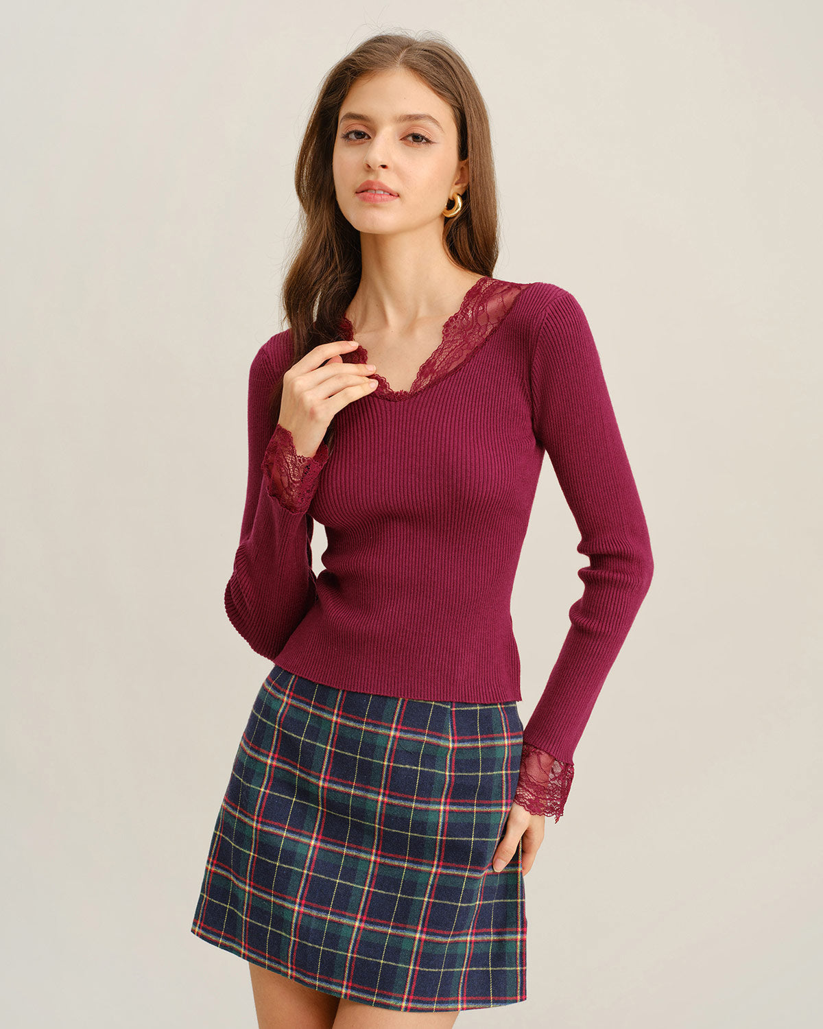 Şarap Kırmızısı V Yaka Ribana Örgü Kazak